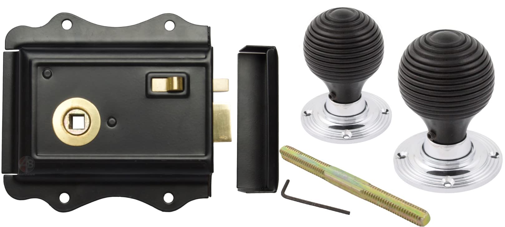 Ab Hardware Polished Chrome Old English Victorian Style Latch Lock Snib + Ebonised Beehive Rim Door Knob Set (Polished Chrome)