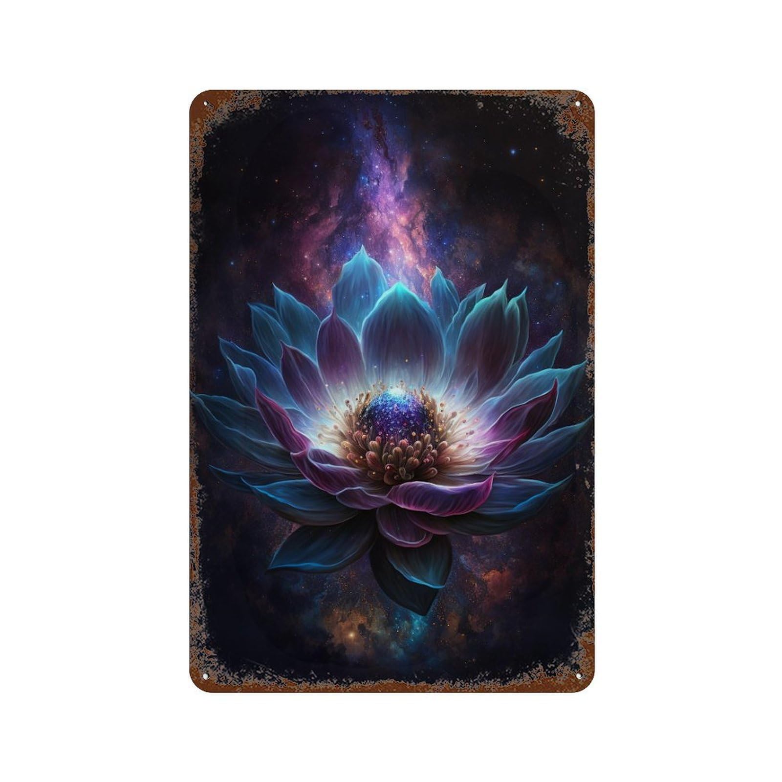 Rust Effect Cosmic Lotus Bloom-3 Rusty Metal Tin Sign 11.8"x7.9", Farmhouse Wall Decor for Cafe, Home Bar And Lounge Decor