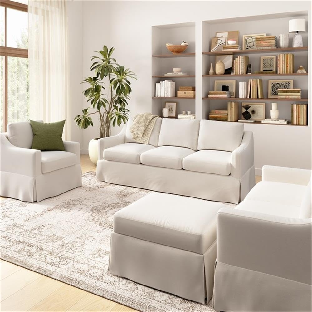 Pemberly Row 4-Piece Sofa Set, 80W Sofa, 57W Loveseat, Swivel Chair, Storage Ottoman, Ivory Slipcovers, Polyester Fabric, Plush Cushions, Sloped Arms, Transitional Living Room Furniture with Hidden