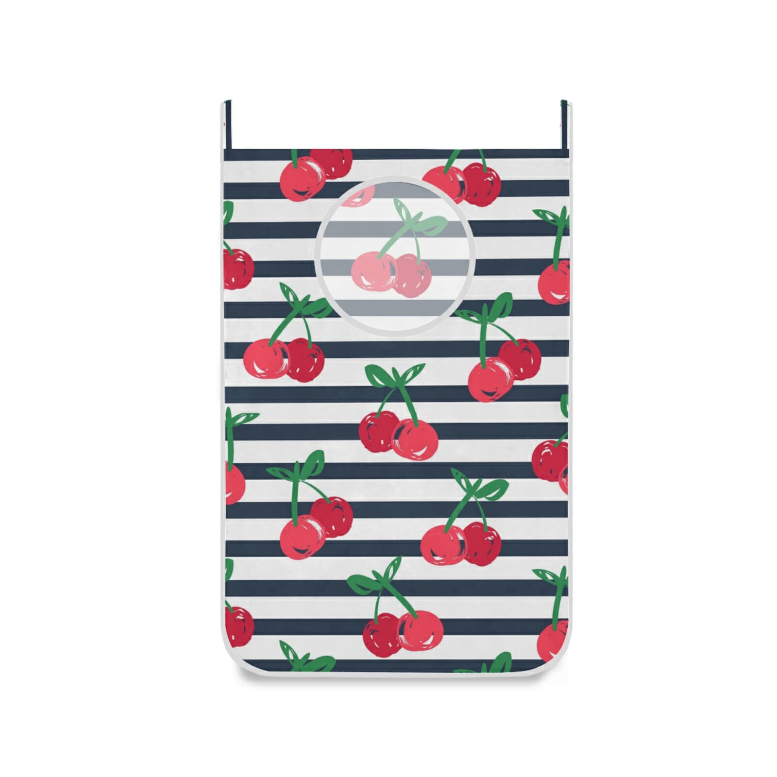 Poeticcity Green,White Seamless Red Cherries With Green Leaves On Black White Stripes Hanging Laundry Hamper Bag, Dirty Clothes Bag Over The Door, Wall Cloth Basket With Hooks Storage Closet For Bathroom Bedroom