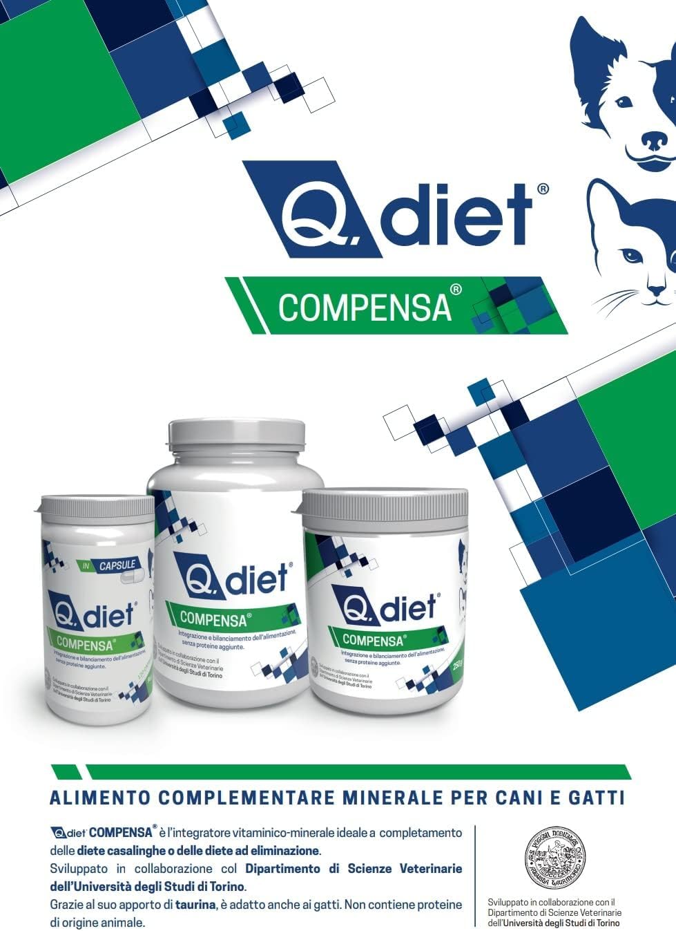 Q Diet Compensa 120 Capsule Cane Gatto Con Alga Spirulina. Alimento Complementare Ricco di Vitamine e Minerali a Completamento delle Diete Casalinghe Per Cani di Piccola Taglia e Gatti