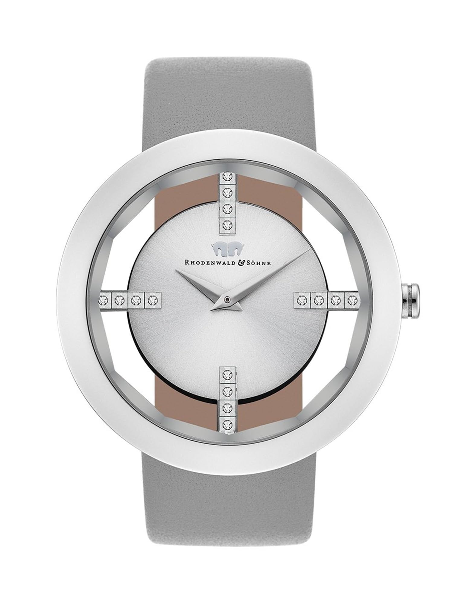 Rhodenwald & Söhne Lucrezia Damenuhr Edelstahl Silber 3 ATM Quarzwerk | verziert mit Kristallen,Echtlederarmband,grau,Fashionuhr,analog,Frauen,Skeletonoptik,Mineralglas