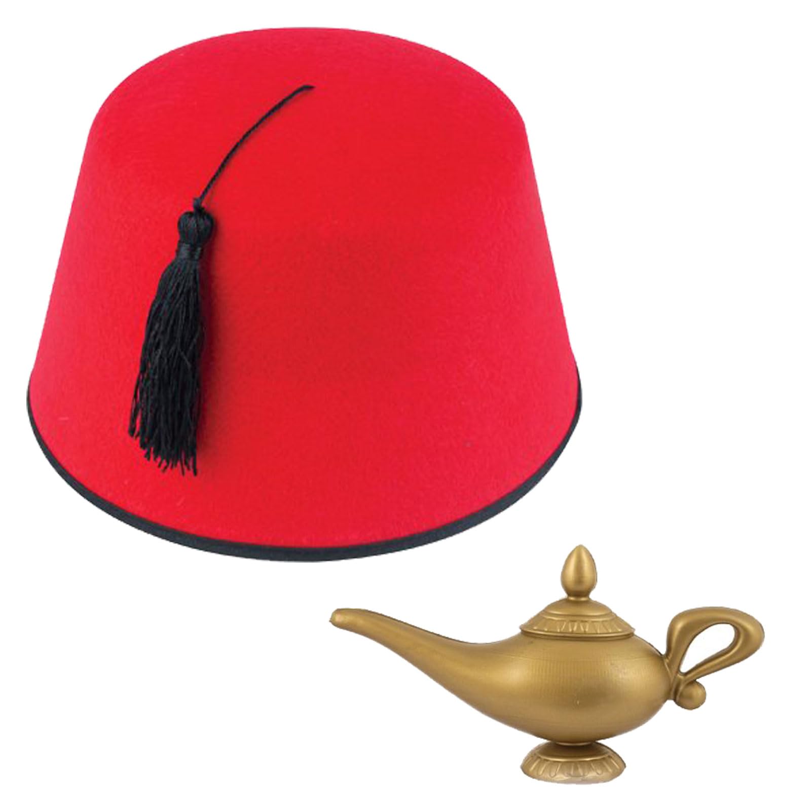 labreeze Aladdin Fancy Dress Kit Red Fez Hat with Tussle Genie Lamp Plastic Prop Fancy Dress Party Character Set