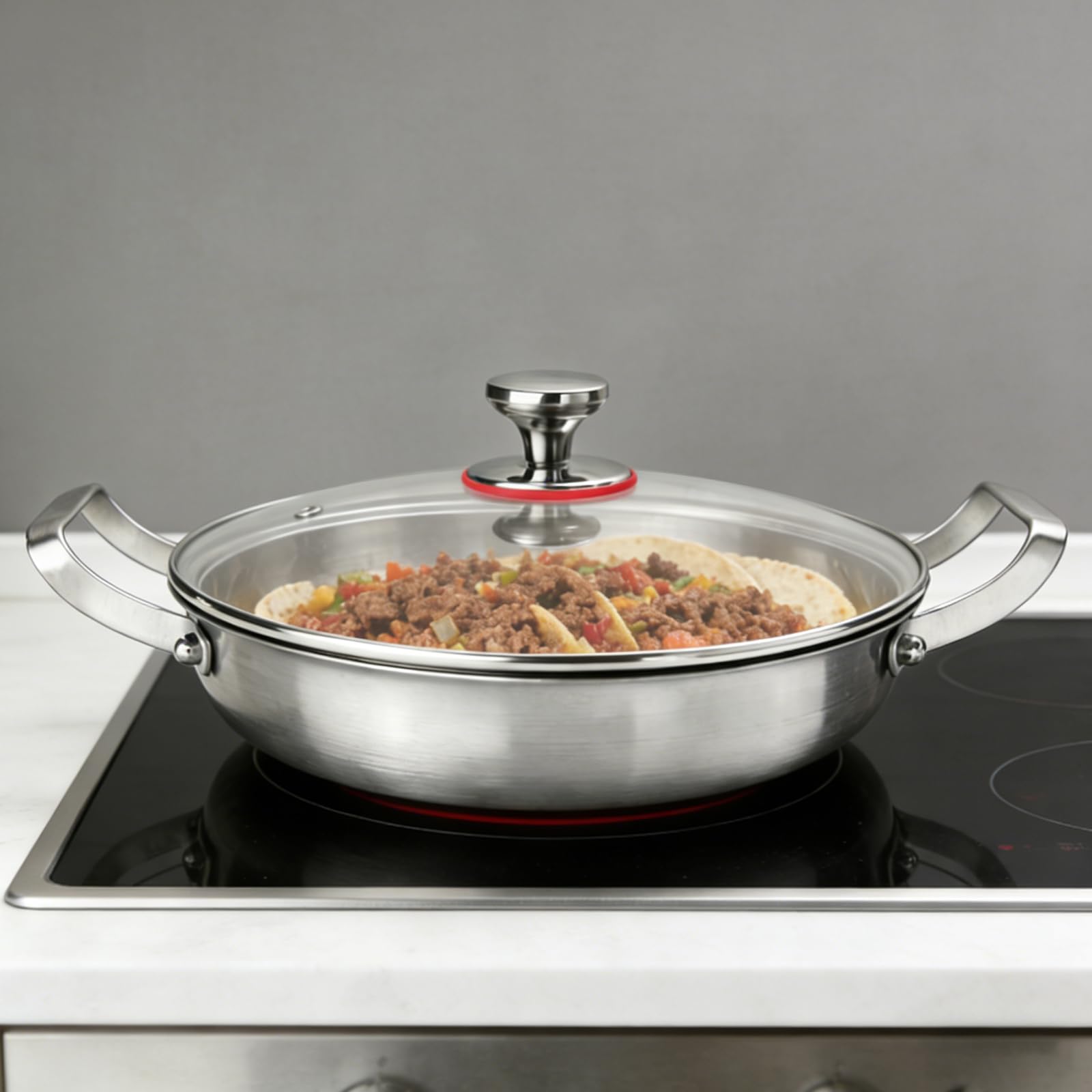 Padella in acciaio inox titanio martellato, 28 cm, padella professionale senza rivestimento, padella a induzione per tutti i fuochi con coperchio in vetro, batteria da cucina a triplo strato in