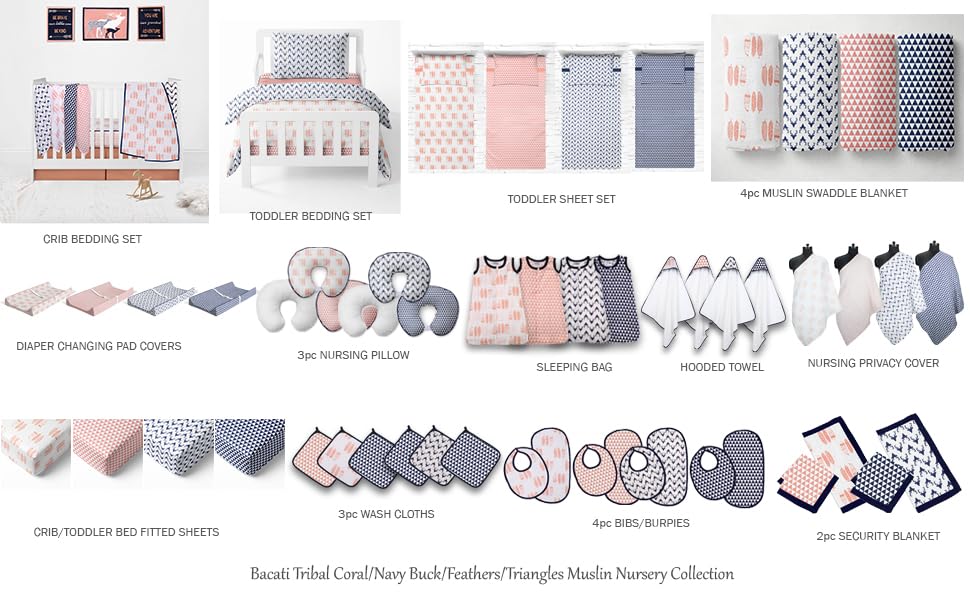 Image of Bacati - Tribal /Aztec Cotton Muslin Fabric Hooded Towels /Wash Cloths(Set of 3) (Set of 3 Wash Cloths, Feathers /Triangles Coral /Navy)