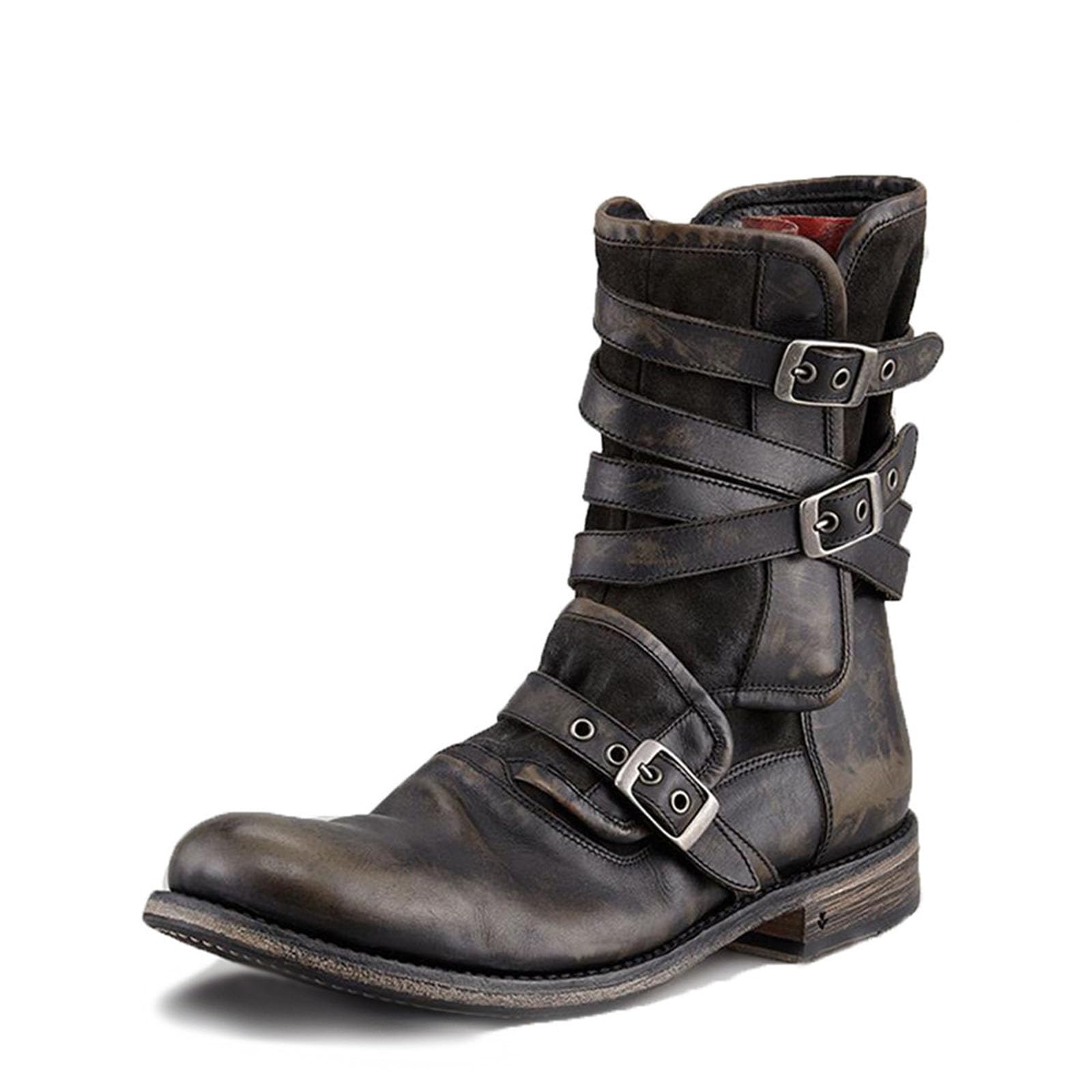 Men Buckle Square Toe Western Cowboy Boots Black Leather Shoes Big Size Non Slip Mid-Calf Boots