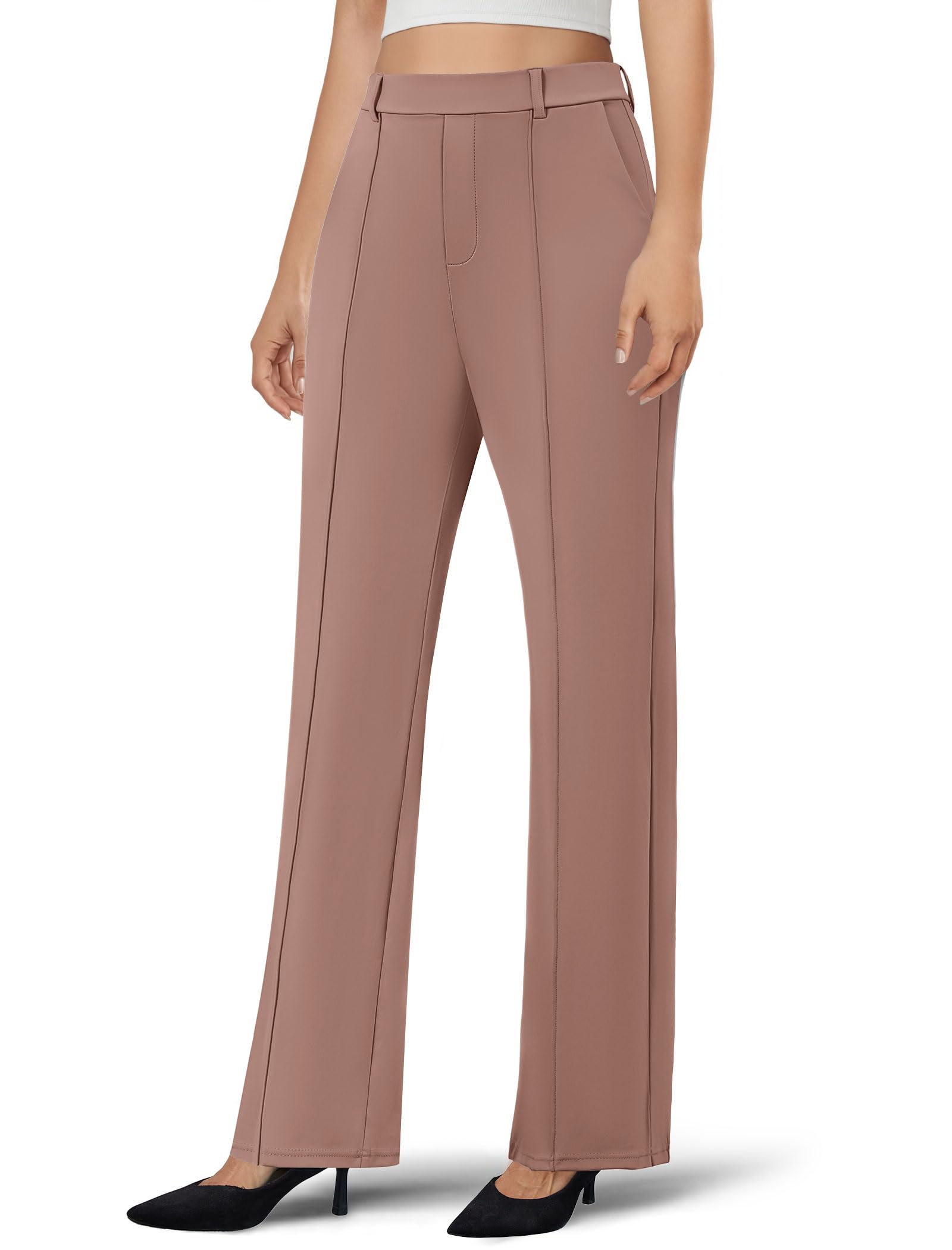 Womens Dress Pants Business Casual Stretchy Work Pants High Waisted Pull On Slacks Office Wide Leg Trousers Coffee