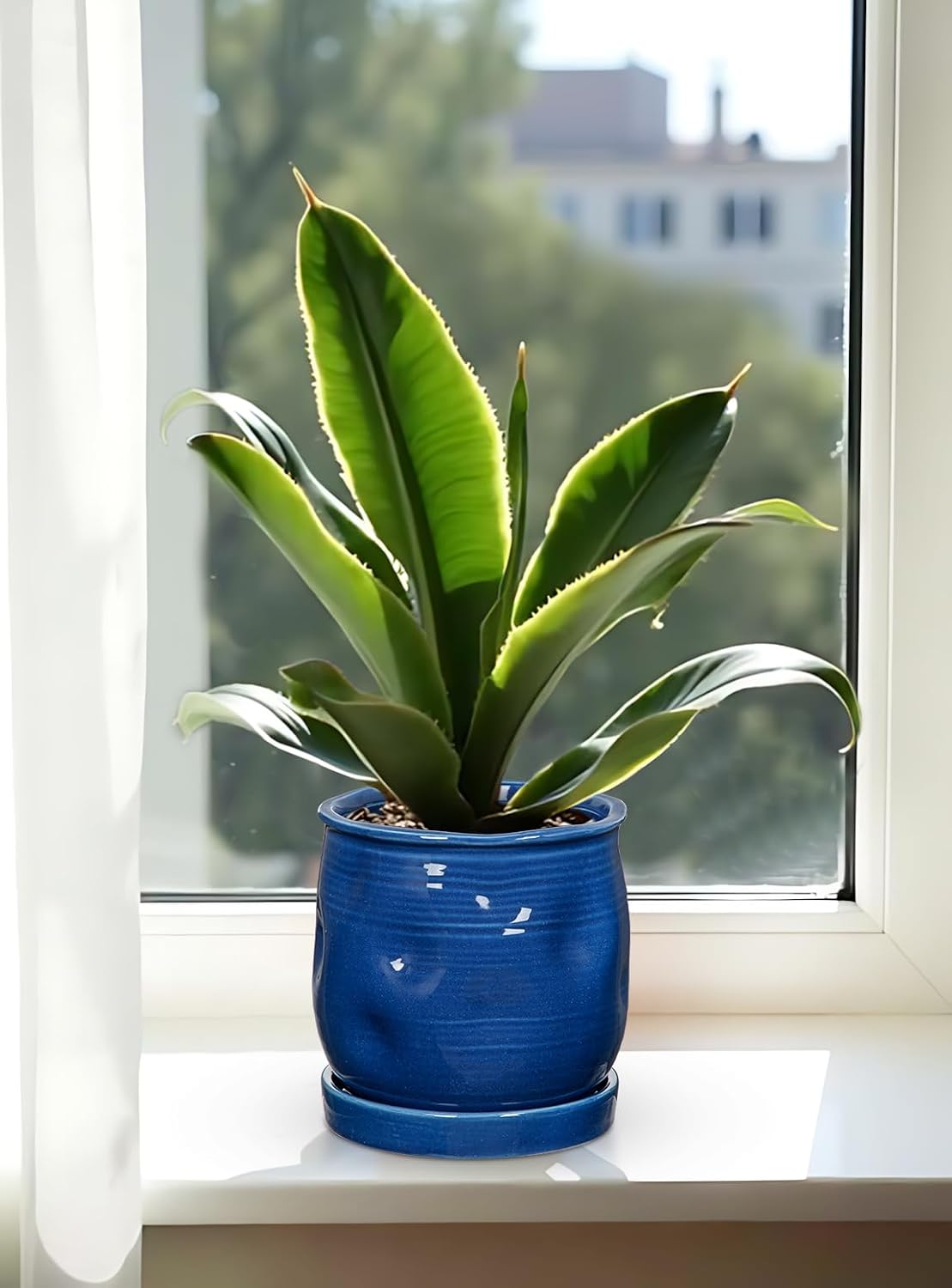 Oairse 5.7 inch Ceramic Pots for Plants, Plant Pot with Drainage Hole and Saucer Blue Ceramic Indoor Planter with Tray Decorative Flower Pots for Succulent, Cactus, Snake Plant, Herb Indoor Outdoor
