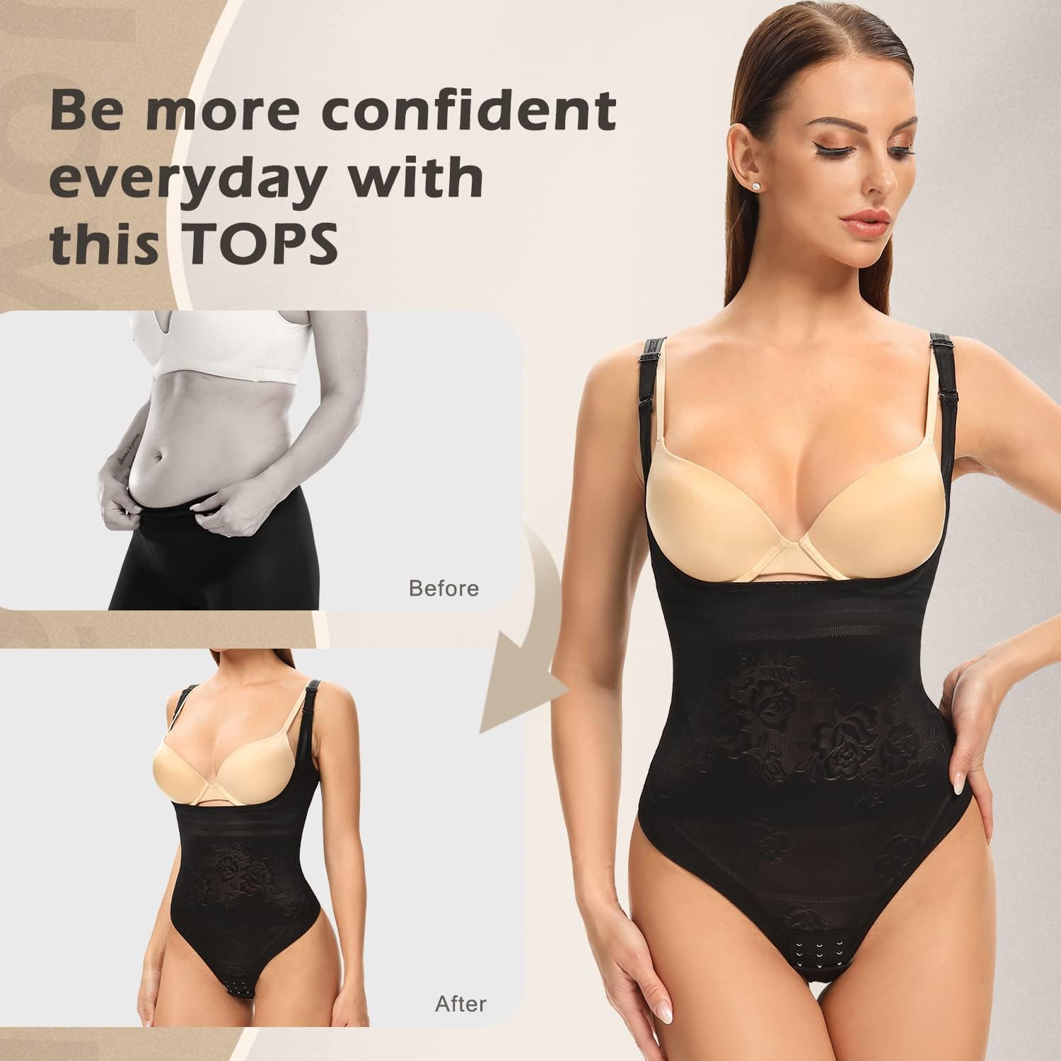 Joyshaper Body Damski Figurformujący Silnie Wyciągający Brzuch, Formujący Talię, Modelujący Bielizna z Haftkami Bodysuit, czarny, L