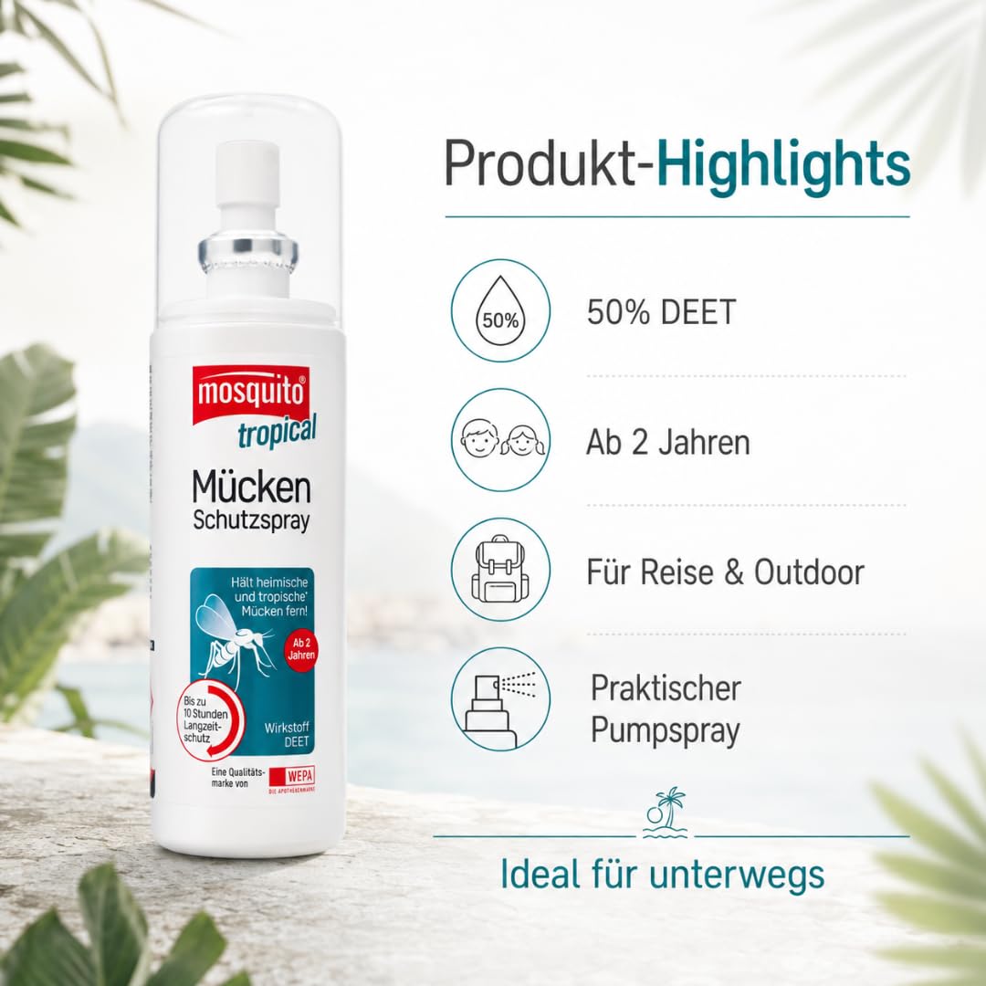 Mosquito tropical Mücken-Schutzspray 100 ml I Insektenschutz mit 50% DEET I für Reise & Outdoor I bis zu 10 h Schutz I für tropische & subtropische Regionen I mit Pharma Perle Duschgel (3, 100ml)
