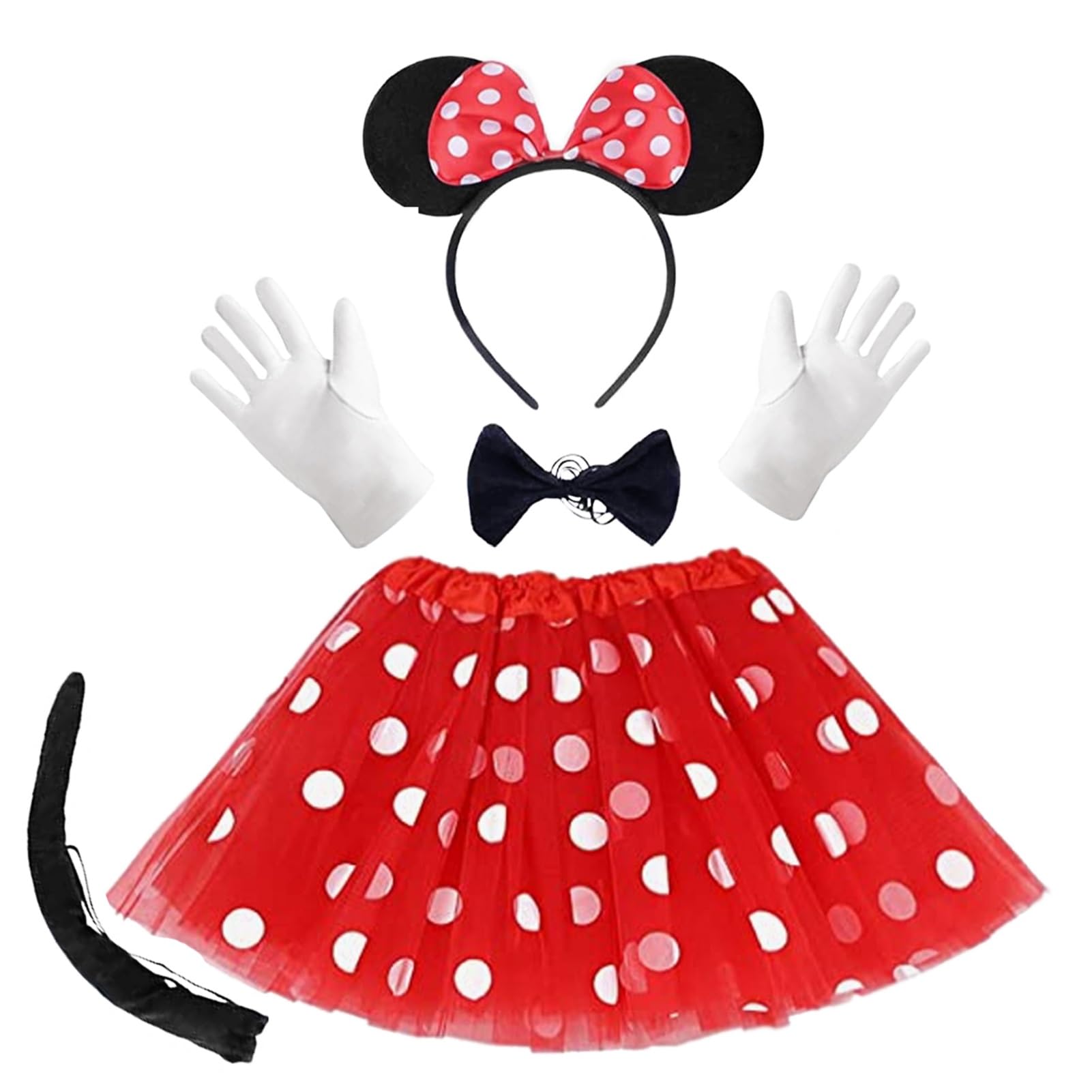 Boyigog Minnie Mouse Costume with Red Tutu Skirt, Mouse Ear Headband, White Gloves, Bowknot and Tail, Halloween Party Fancy Dress for Girls Kids