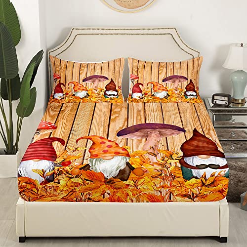 Erosebridal Kawaii Mushroom Bed Sheets Full Size,Christmas Gnome Sheet Set Kids Boys Girls Xmas Santa Claus Sheets Wooden Board Stripe Flat Sheet Yellow Leaves Fitted Sheet,Microfiber Soft #TOP2