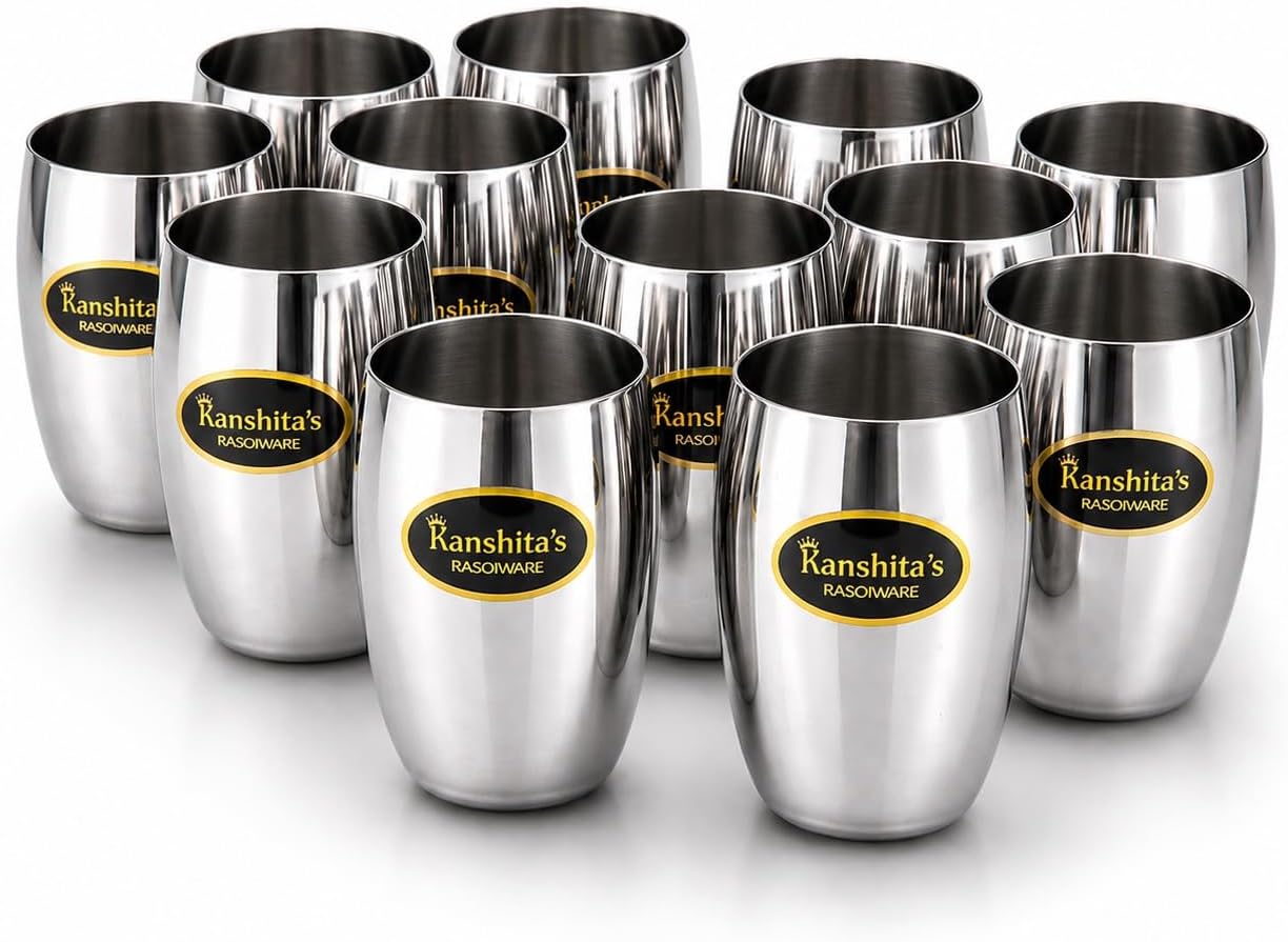 Kanshita's Rasoiware Unbreakable Stainless Steel Heavy Gauge Glass for Drinking and Serving Water and Cold Drink (Kulled Glass 12 Pcs), 350 ml