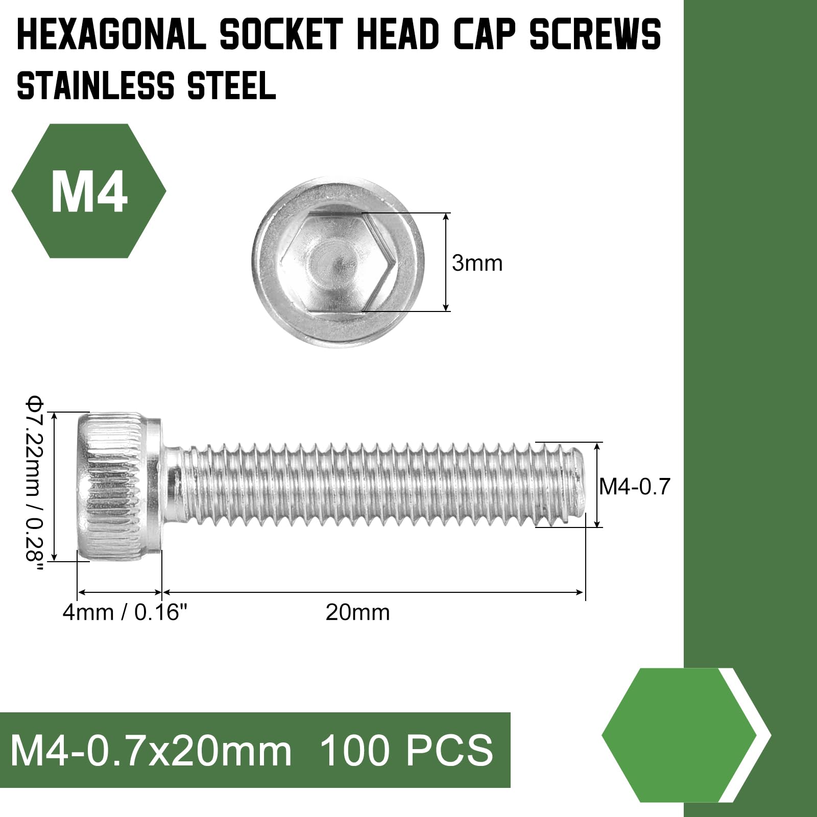 uxcell Hex Socket Bolts (M4-0.7x20), 304 Stainless Steel Hex Socket Drive Screw, Silver Tone, 100 Pcs, M4-0.7x20mm - Image 2