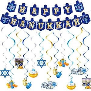 Outus Happy Hanukkah Banner Chanukah Decorations and 12 Pieces Hanukkah Hanging Swirl Decorations Ceiling Streamers Hanukkah Gifts for Home Classroom Office Wall decor