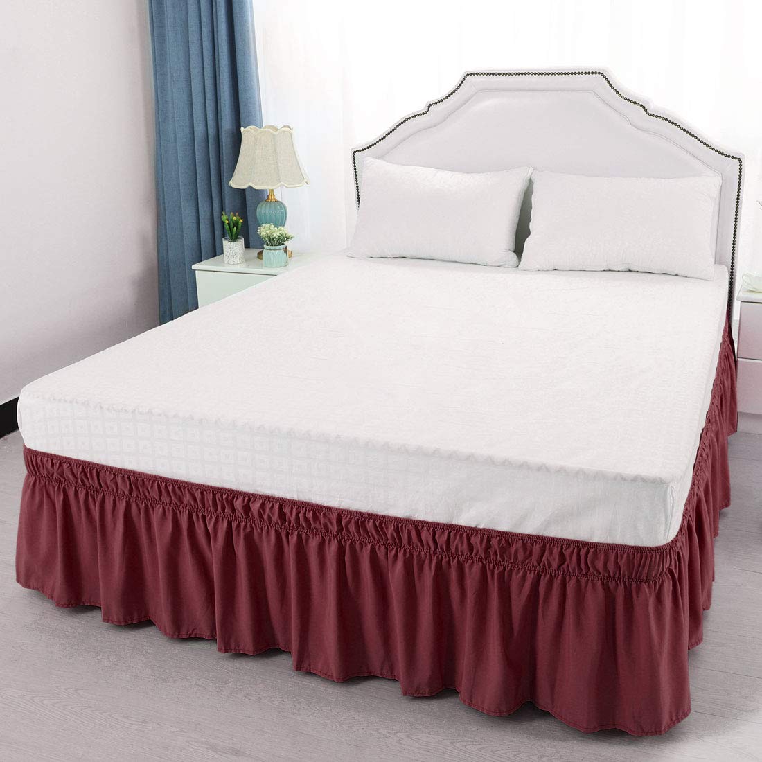 PiccoCasa Faldón de Cama elástico con Volantes, Cenefa de Cama Envolvente, Marco de Microfibra cepillada con Volantes de 38 cm (Doble, borgoña)
