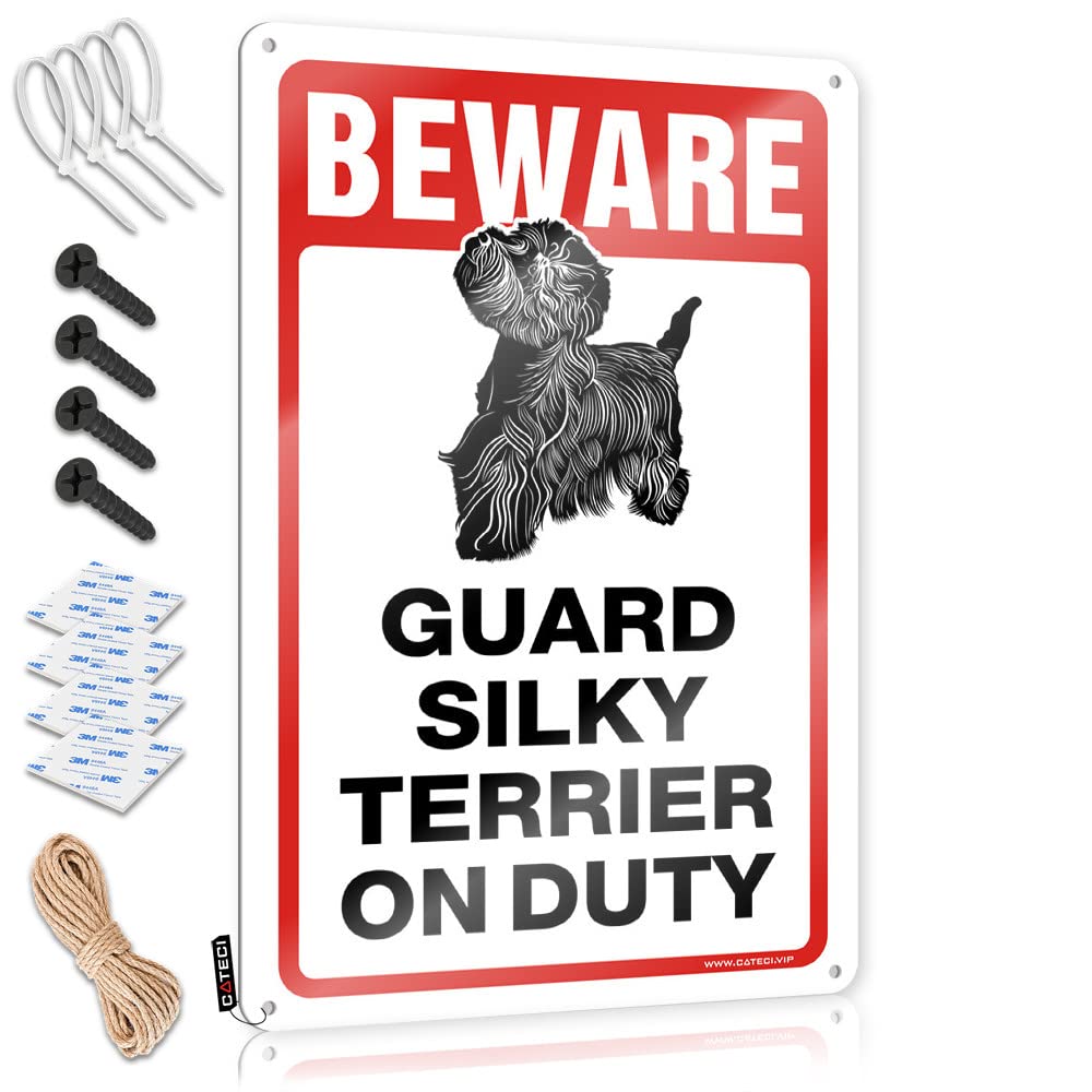 STWNVOITV Warning Signs For Bedroom Beware! Guard Silky Terrier On Duty Tin Sign Beer Signs For Bar Outdoor Tin Sign(20X30CM)