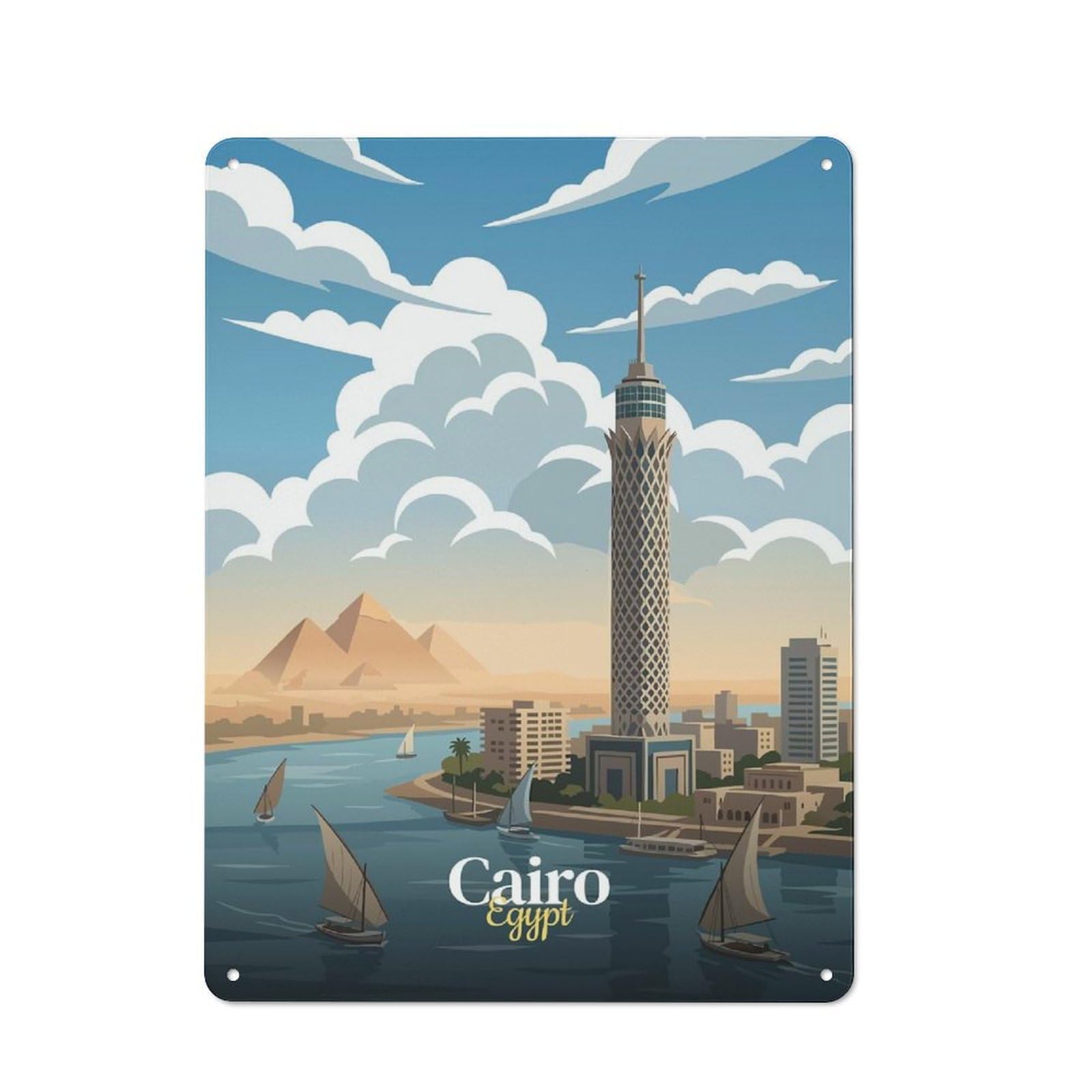 Junmoney Style-11 Decorative Tin Plaque With Cairo, Egypt Travel Design 40X30cm, Nostalgic Home Bar Decor For Bar, Kitchen, Garage Or Games Room