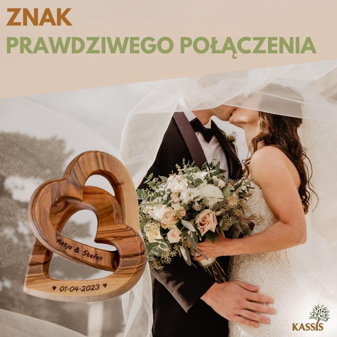 KASSIS serce z drewna oliwkowego, prezent ślubny dla pary młodej na Walentynki, rocznicę, urodziny, wysokiej jakości wykonanie, w wielu rozmiarach (grawerunek na życzenie, 10 cm)