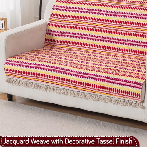 Image of HOKIPO 'Artisan Boho Series' 450 GSM Sofa Cover with Tassels | Multicolor Cotton Acrylic Jacquard Slipcover for 2 Seater Sofa, Size 152x120 cm, Ruby Red (IN-908-A6)