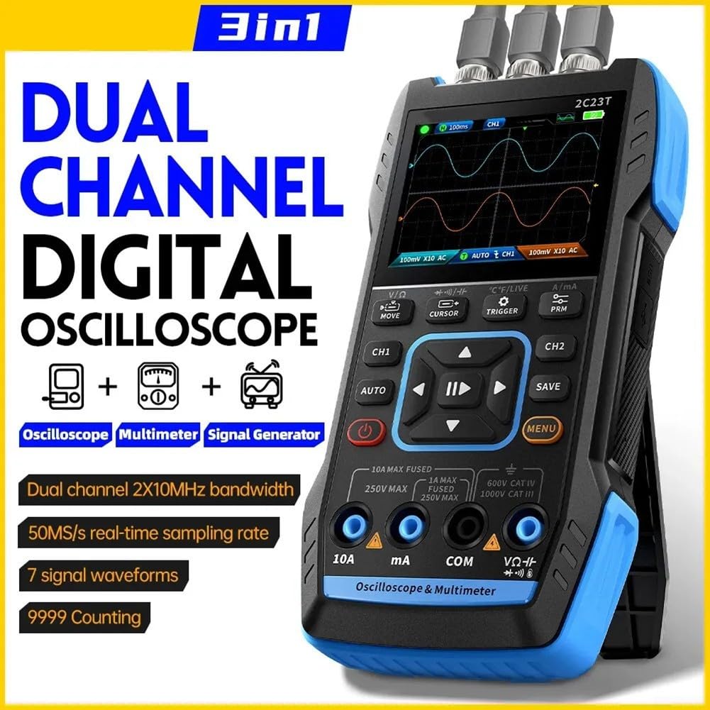 ZYWUOY 2C23T Multimetro digitale oscilloscopio palmare + generatore di segnale, larghezza di banda a due canali, interfaccia facile da usare, fusibili integrati (versione aggiornata)