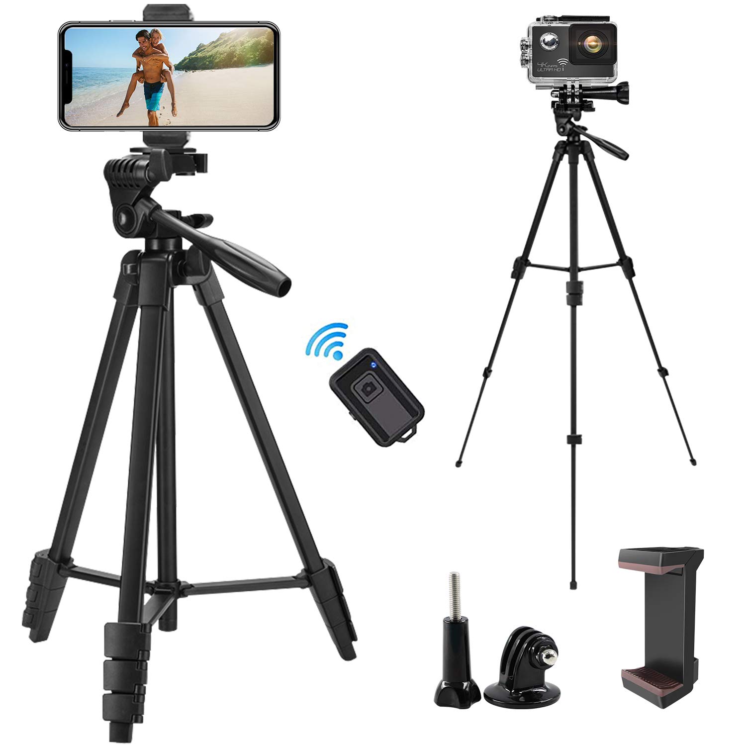 Everesta Iphone Tripod, Phone Tripod 54" Extendable Camera Tripod Stand With Bluetooth Remote And Cell Phone Mount Compatible With Mobile Phone/Dslr/Gopro