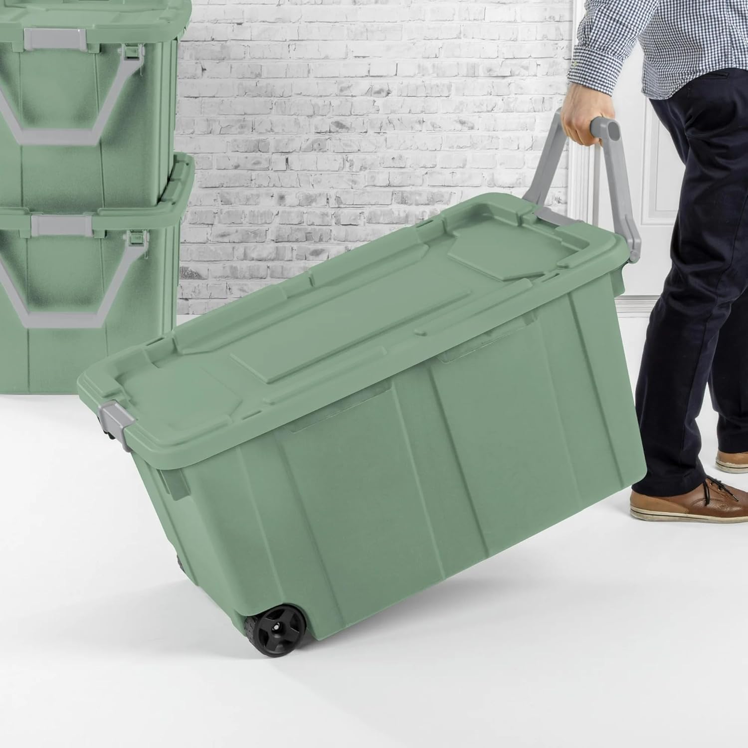 Storage Bin 40 Gallon 160 Qt Plastic Rolling Stacker Storage Box Wheeled Industrial Tote, Tough Lidded Stackable Storage Container for Home,Garage and Camping Green Sage Base and Lid 2-pack