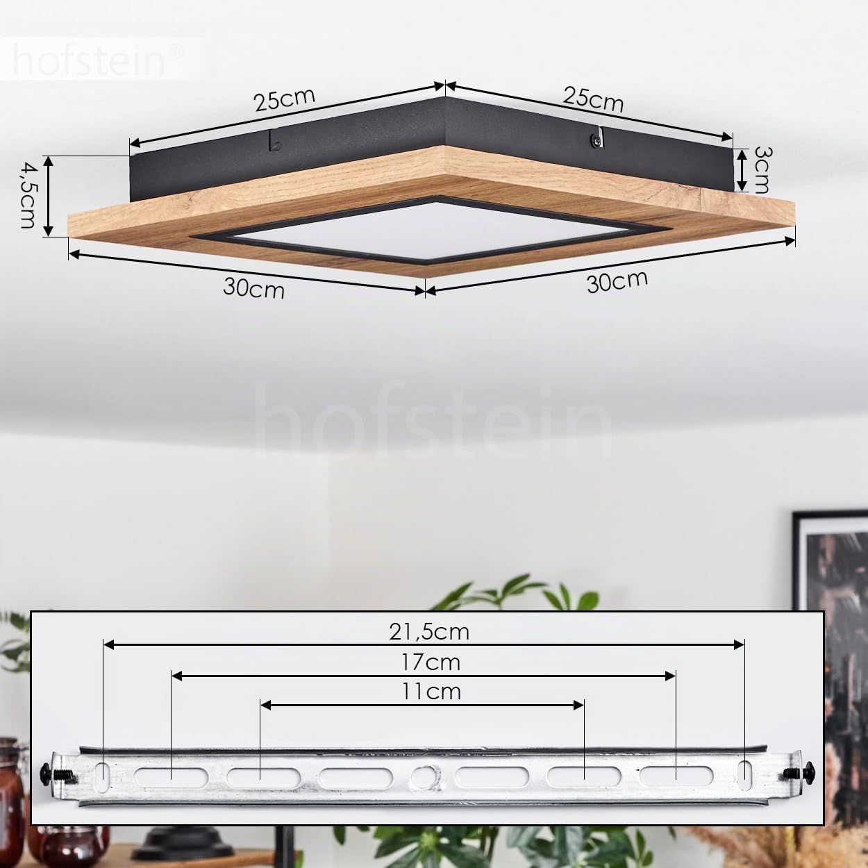 Plafonnier LED Salmi, plafonnier en métal/MDF/plastique noir/imitation bois/marron/blanc, lampe carrée (30 cm x 30 cm), 1200 lumens, 3000 K, LED 12 watts