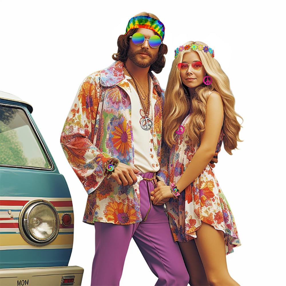 iZoeL Costume Hippie Uomo Donna Anni 70-80 - Mantello/Top Parrucca Hippie Borse Occhiali da Sole Fascia per Capelli Orecchini Collana Pace, Costume Carnivale/Halloween Anni 70-80（Vedi la descrizione）