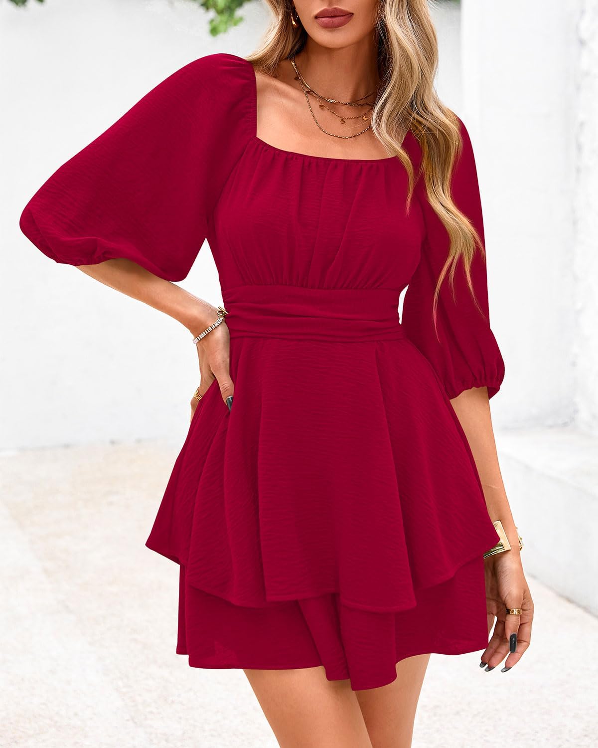 Zenlonr Women's Summer Romper 2025 Casual Puff Short Sleeve Ruffle Layer Tie Mini Short Jumpsuits Beach Party - Image 2