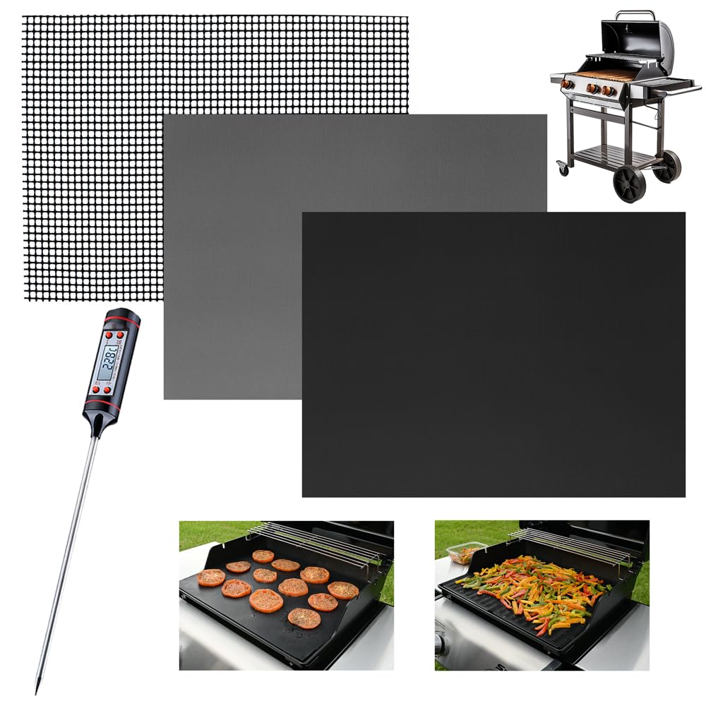 INFRAOVENS Juego de 3 forros para parrilla de barbacoa, 25 x 17 pulgadas, reutilizables, para exteriores, carbón, gas, eléctrico, accesorios de parrilla y termómetro, antiadherente, fácil de limpiar,