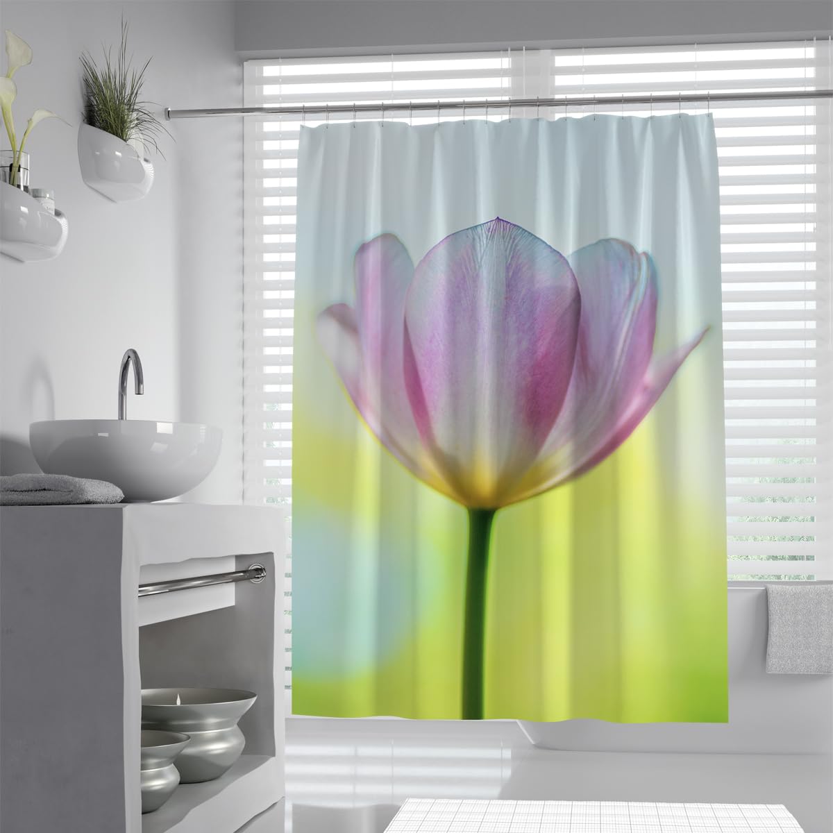 UIRINGART Purple Tulip Flower Shower Curtain W120xL180cm Spring Translucent Botanical Art Waterproof Mildew Resistant Bath Drape with Hooks