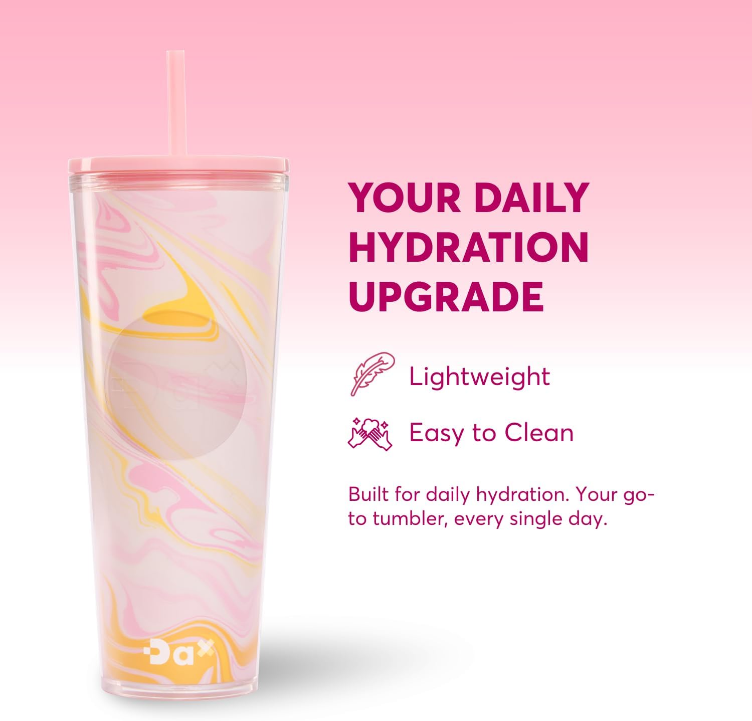 DA Plastic Tumbler With Lid And Straw, Double Wall Design, Leak Resistant Reusable BPA Free Travel Cup For Iced Coffee And Smoothies, 24oz (Marble Pink Orange) - Image 3