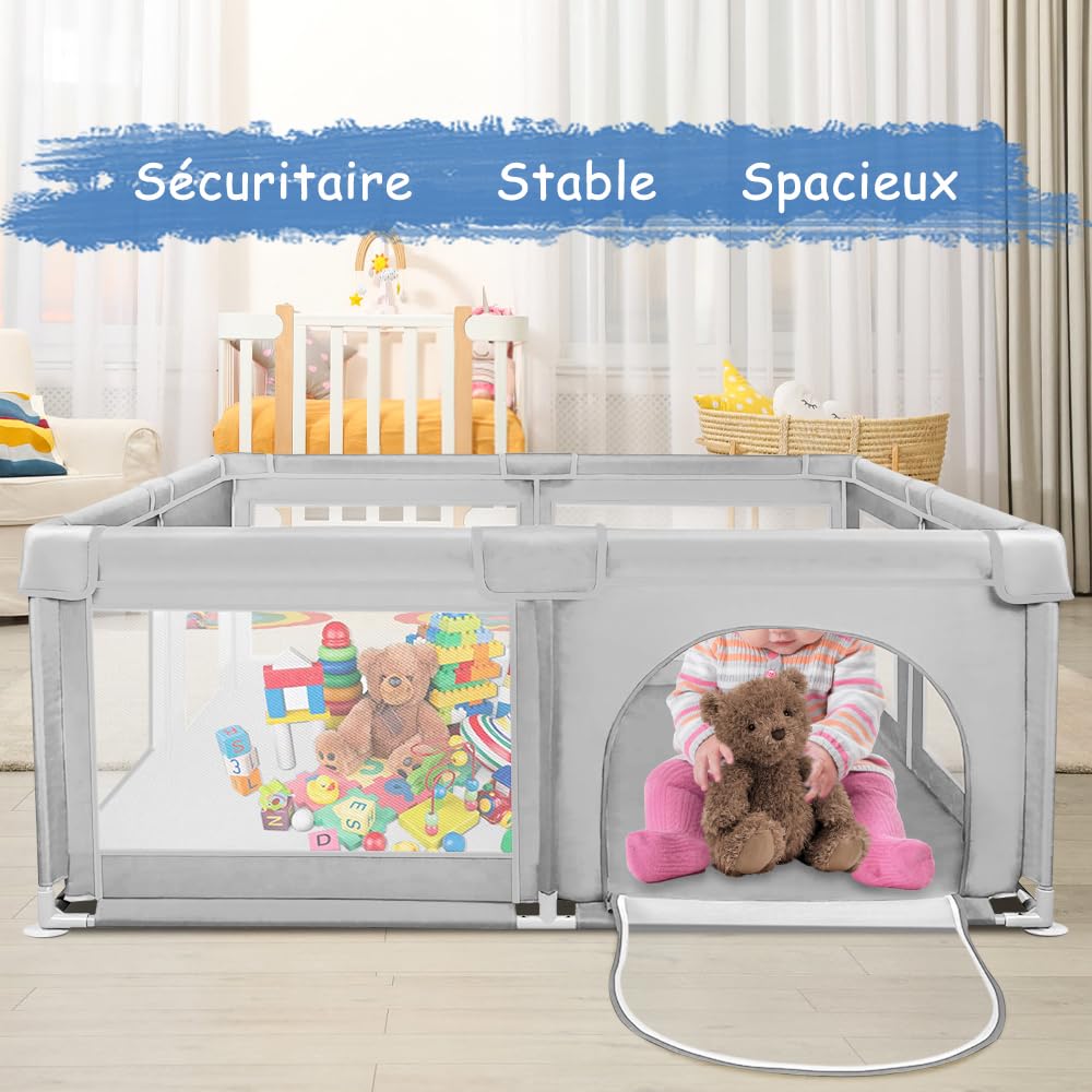 Parc Enfant pour Appartement, Parc Bébé avec 4 Ventouses Inférieures et Porte Zippée, Parc de Jeux Bébé avec Maille Douce Respirante, Clôture Bébé Tissu Oxford (Gris clair-120 * 120 * 66cm)