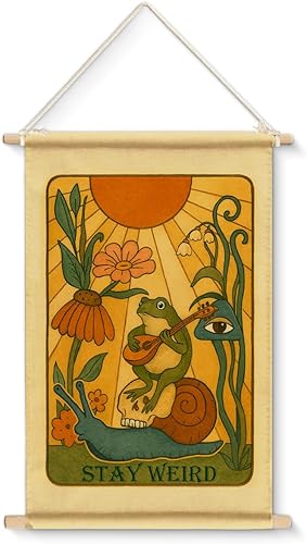 XIPLUM Divertido arte de pared de rana retro con diseño de rana "Stay Weird", vintage, bohemio, sol, floral, rana, póster para colgar listo para