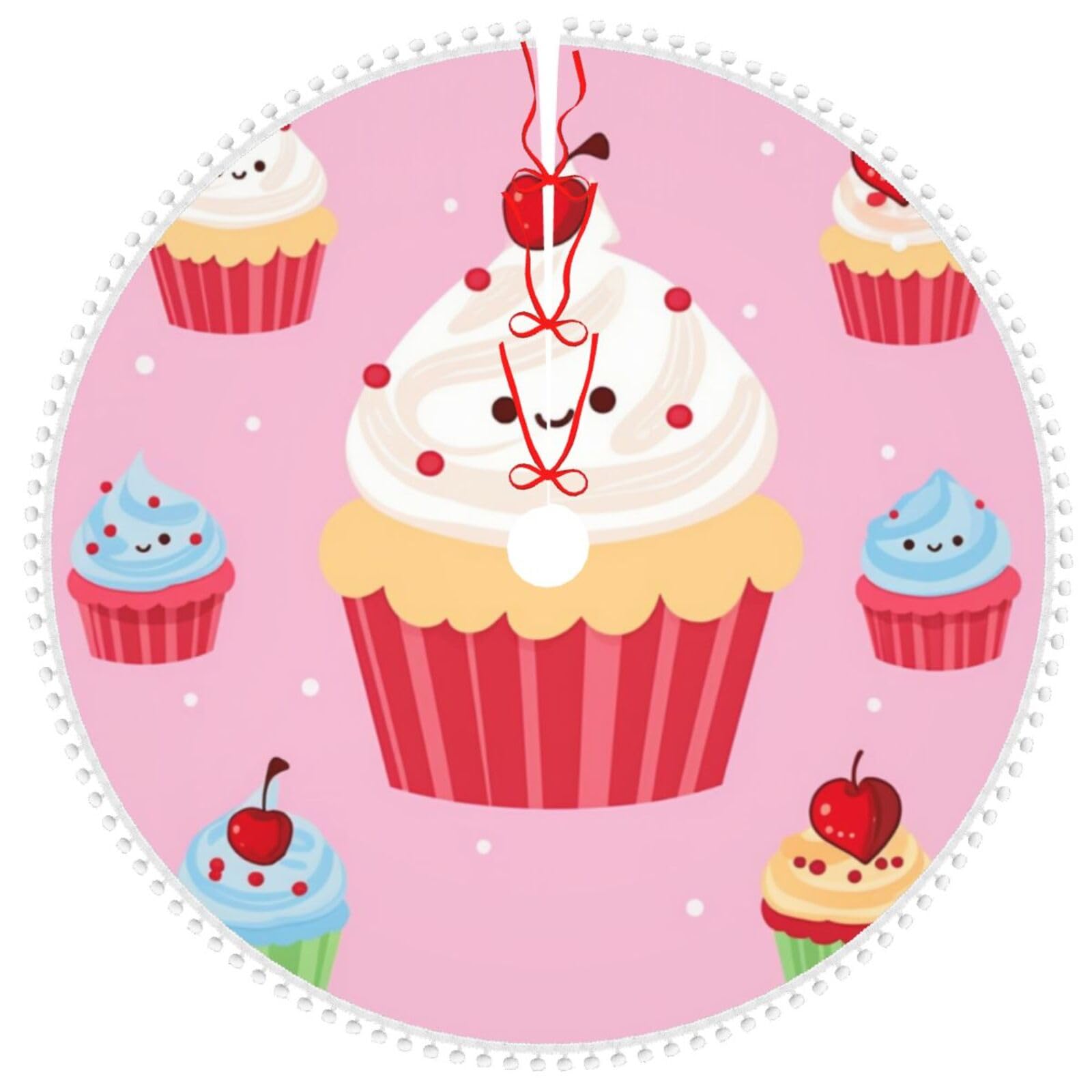 Jupe de sapin de Noël cupcake 122 cm avec pompons double couche pour décoration festive