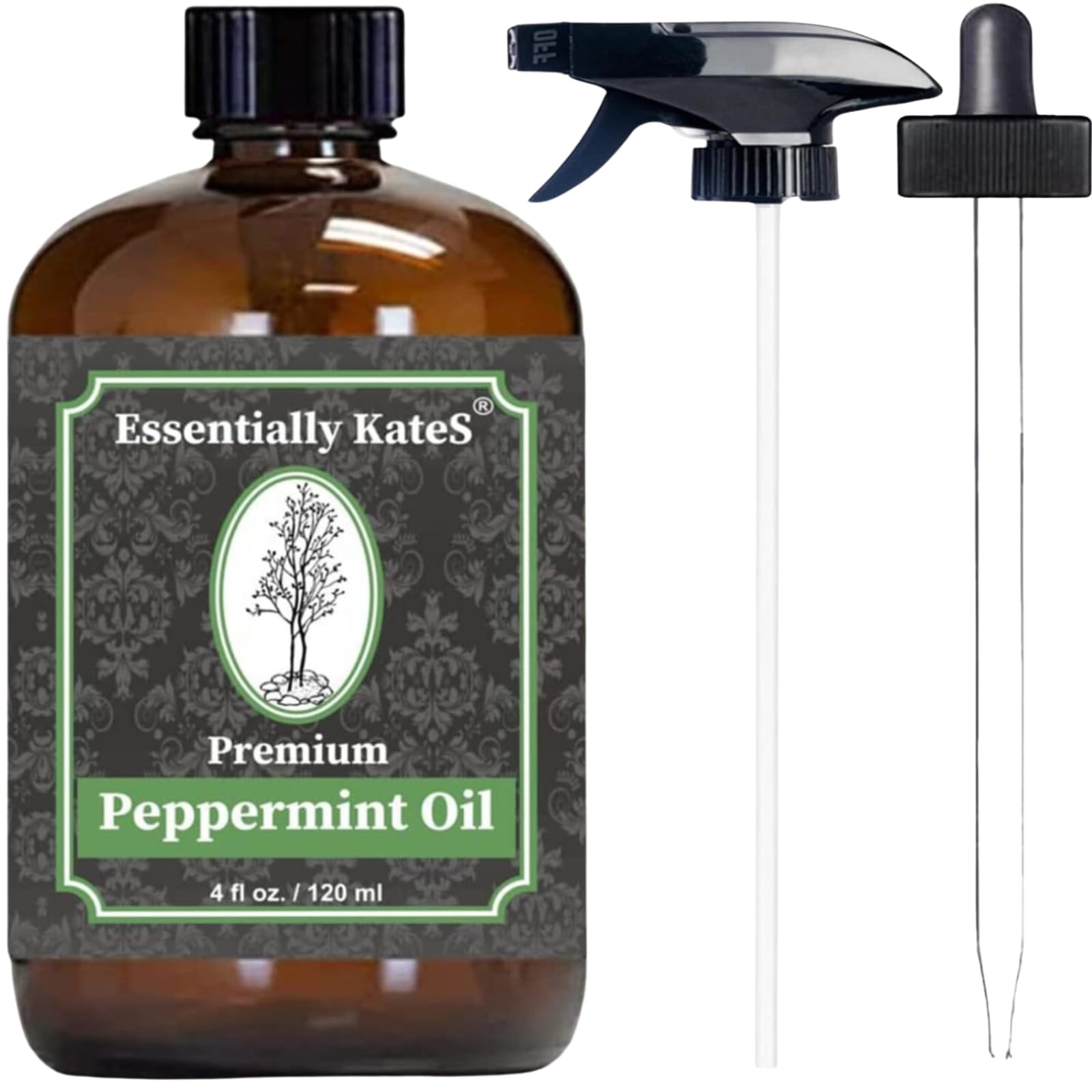Peppermint Essential Oil 4 oz. with Huge Glass Bottle, Glass Dropper, and Sprayer. Detailed User's Guide E-Book. Skin Care, Garden Care, and Hair Care.