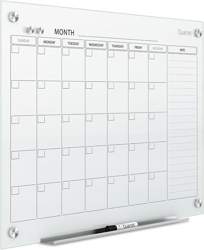 Quartet Dry Erase White Board 24"W x 18"H Glass Calendar, Magnetic Planning Board, White (GC2418F)