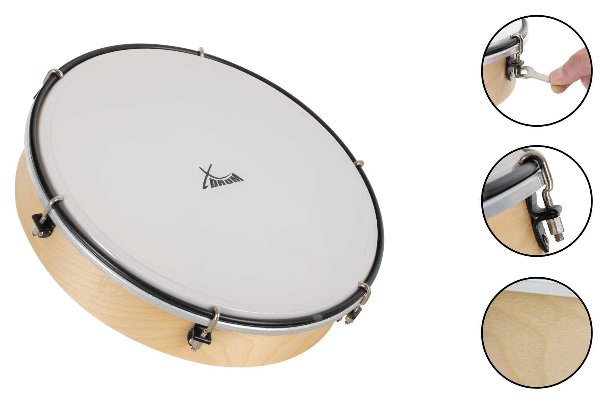 XDrum HTM-12K Tambor De Mano Con Baquetas Set De 3, Diámetro: 12" (30 | 5 cm), Piel resistente de poliéster, Marco de madera de arce, 6 tensores para afinar el tambor, Mango ergonómico, 8 cm