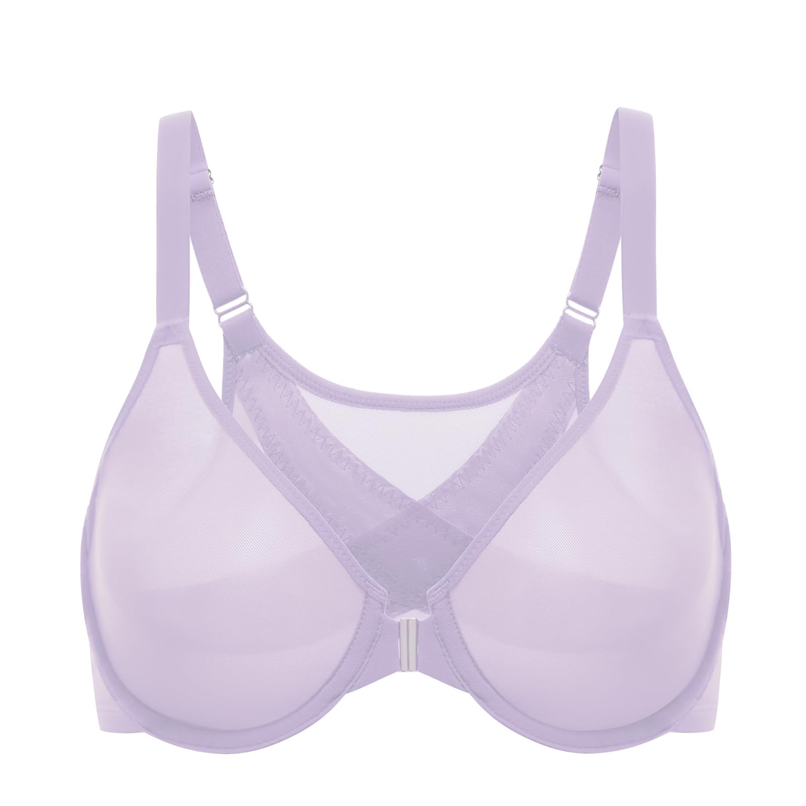 Delimira Women's Cosnufy Front Fastening Bras Posture Sheer Mesh Seamless Plus Size Unlined Underwire Bra Orchid Hush 38F