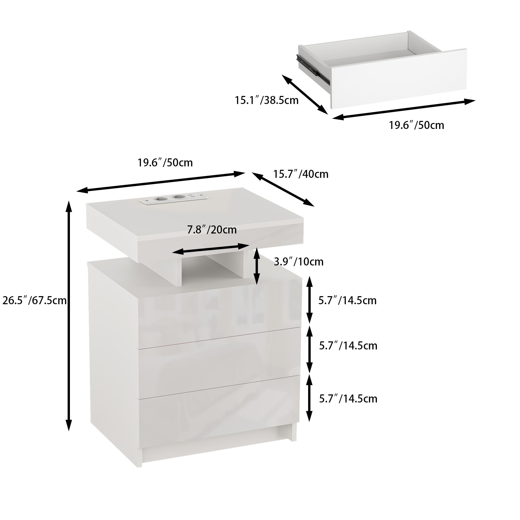 Set 2 Comodino con Presa Elettrica e LED RGB, comodini camera da letto Moderni a 3 Cassetti Laccati e Antrato Aperto, 2 AC 2 USB LED RGB e Telecomando, per Soggiorno, Bianco 50cm Larghezza