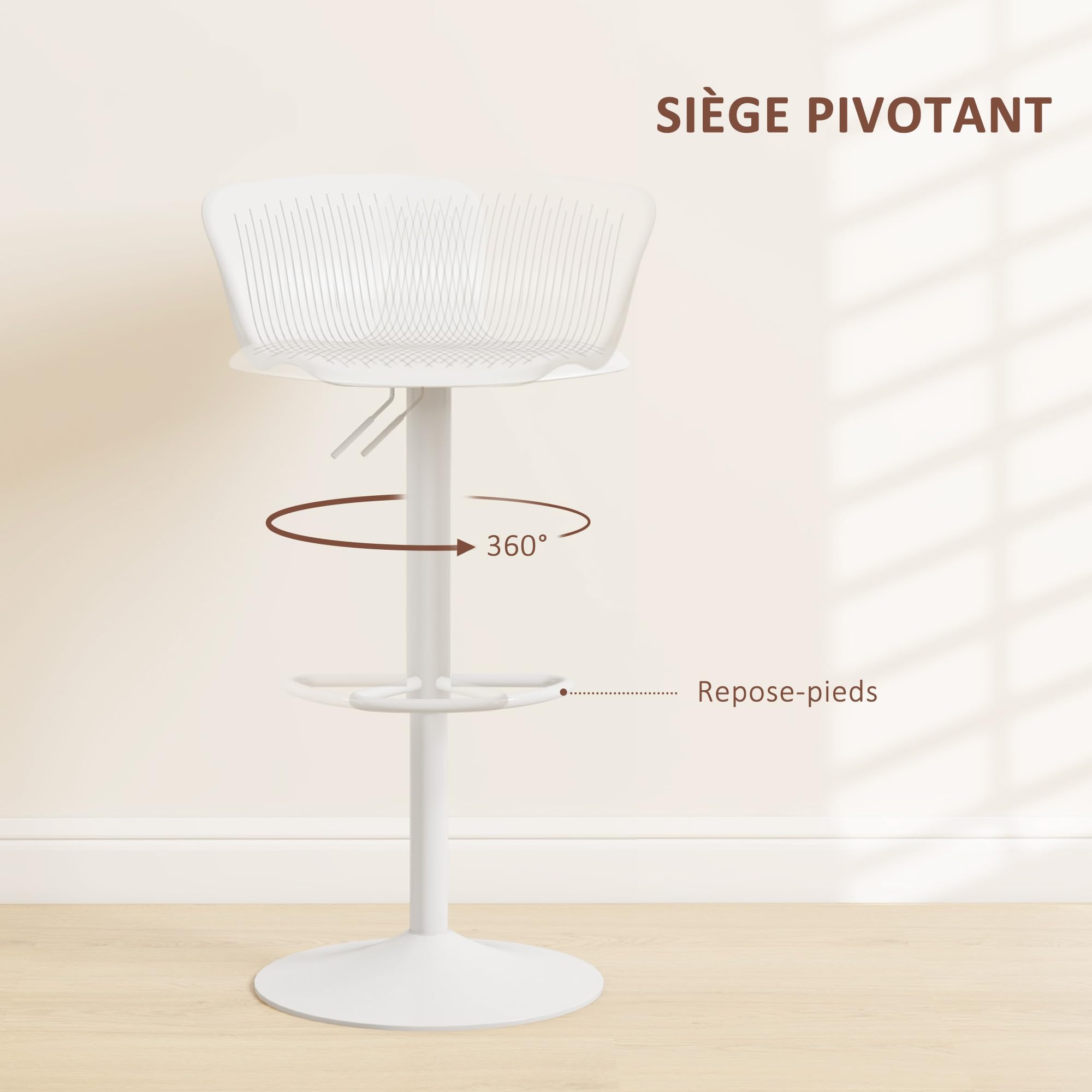 HOMCOM Set 2 Sgabelli da Bar con Schienali Ergonomici, Poggiapiedi, Sgabelli Cucina Alti Regolabili in Polipropilene con Seduta Girevole e Base Antiscivolo per Sala da Pranzo, Penisola Cucina, Bianco