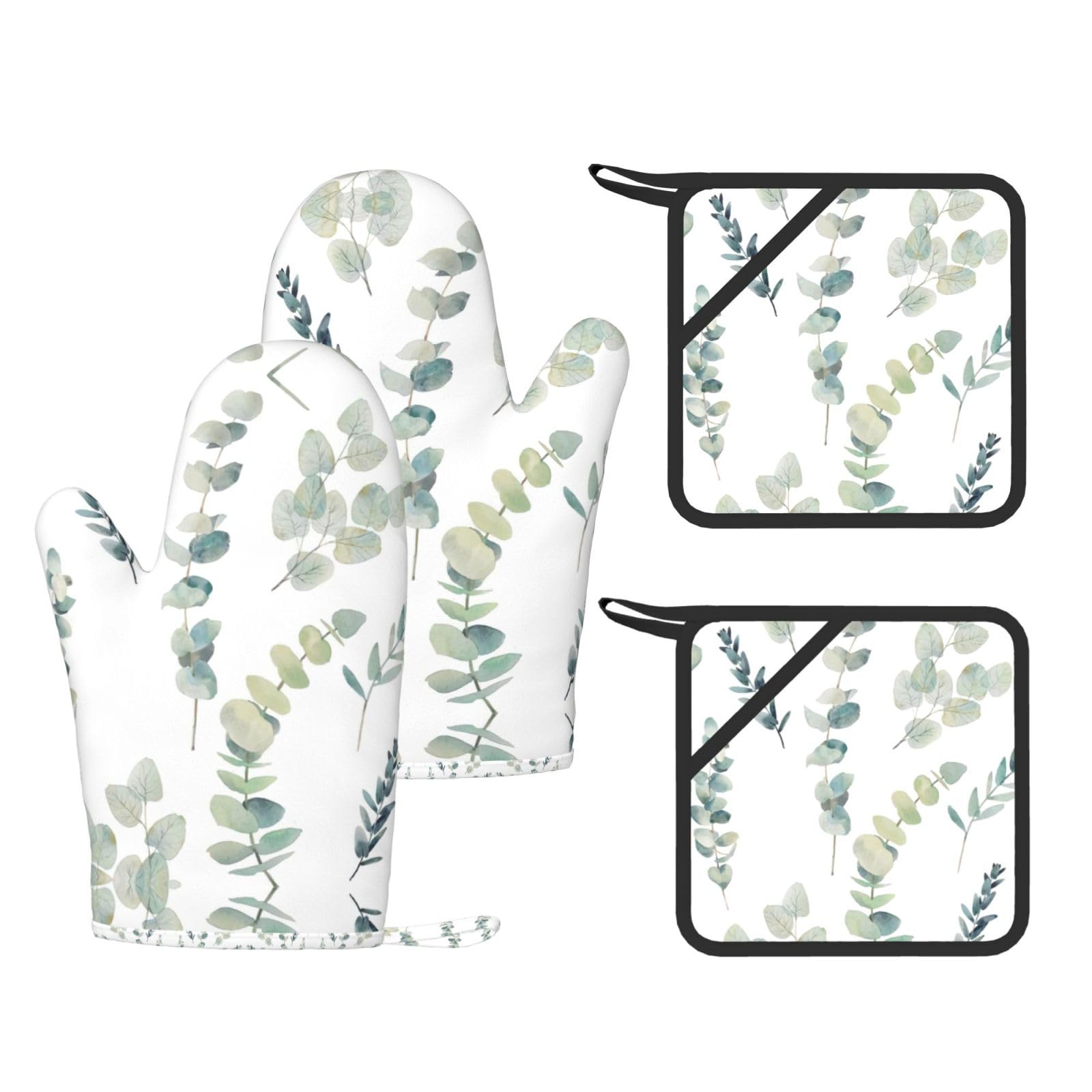 Eucalyptus Leaves Printed Oven Mitts and Pot Holders Set of 4, Heat Resistant Silicone Gloves for Baking Grilling