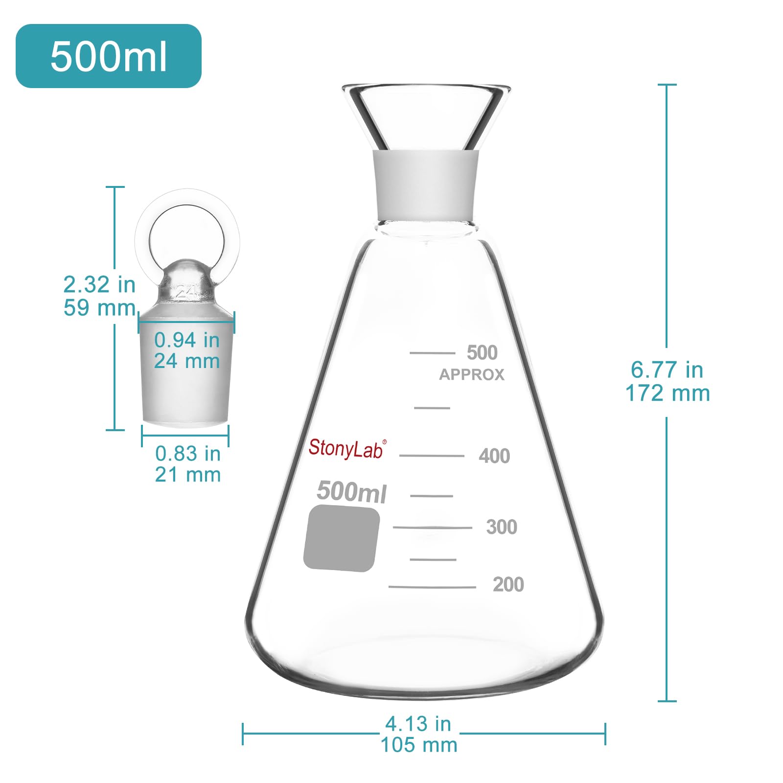 stonylab Frasco de Yodo con Tapón, Capacidad de 500 ml, Diseño de Boca Ancha, Vidrio de Borosilicato G3.3, Para la Determinación del Valor de Yodo en Laboratorio