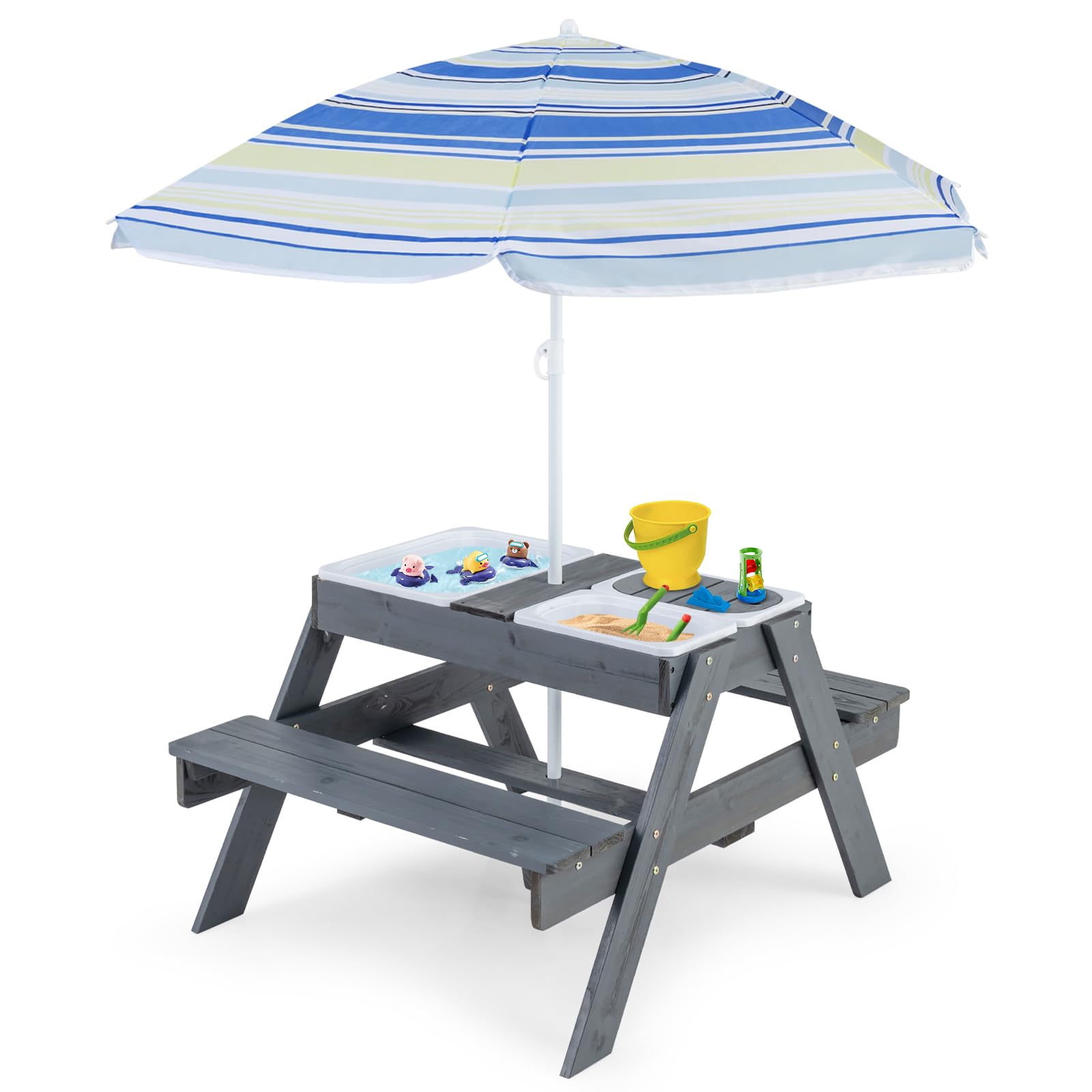 GOPLUS Table d'Activités Enfant 4 en 1 avec Banc, Bois, Gris, 96 x 75 x 54 cm, Table de Pique-Nique, de Sable, d'Eau et de Rangement, Parasol Réglable, 3+ Ans