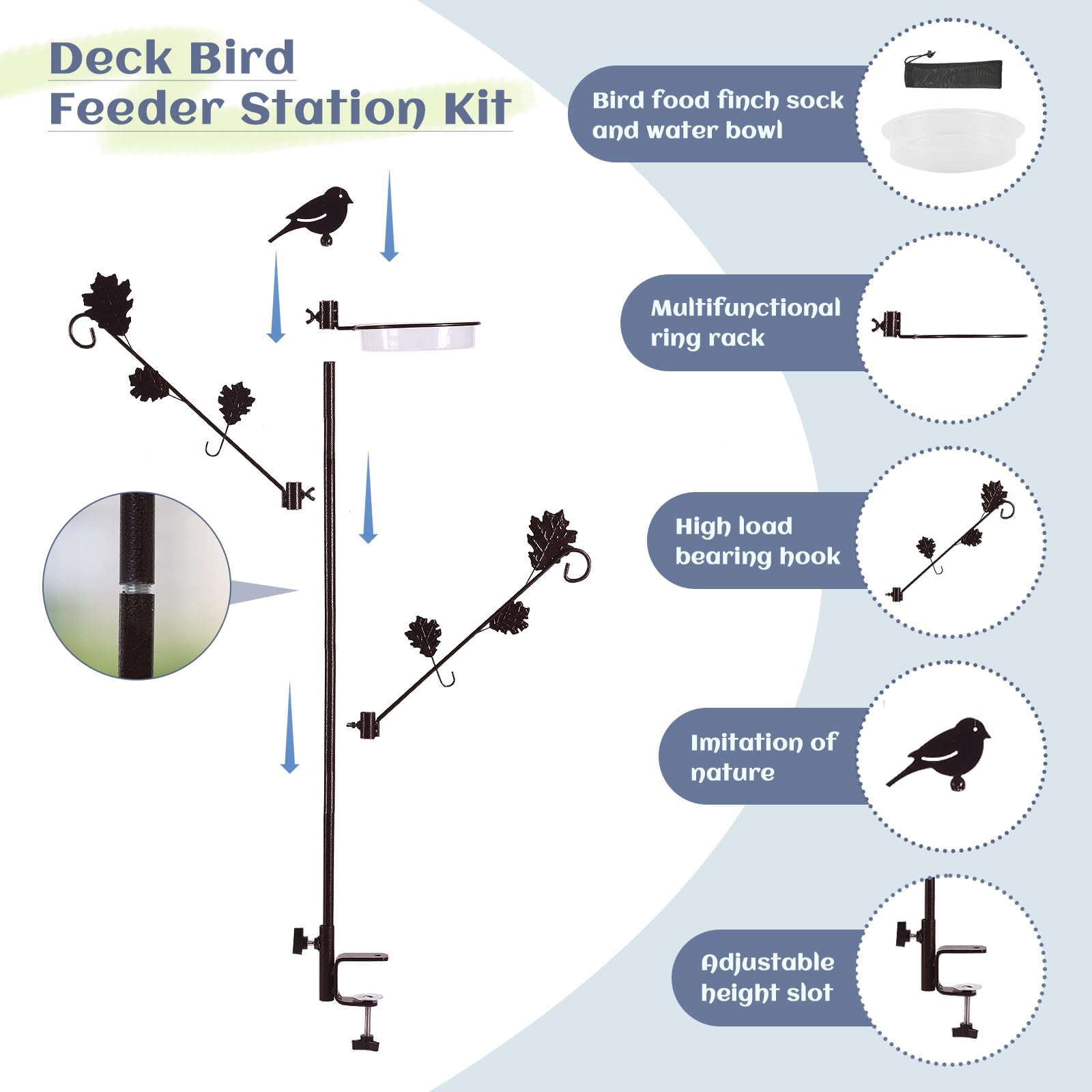 ERYTLLY 42 Zoll Deck Vogelfutterstation Kit, Wildvögel Vogelfutterstation für draußen hängende Pflanzen Halter Deck Pole Veranda Multi-Haken Vogelfutterstation mit Wasserschale für Balkon, Garten und