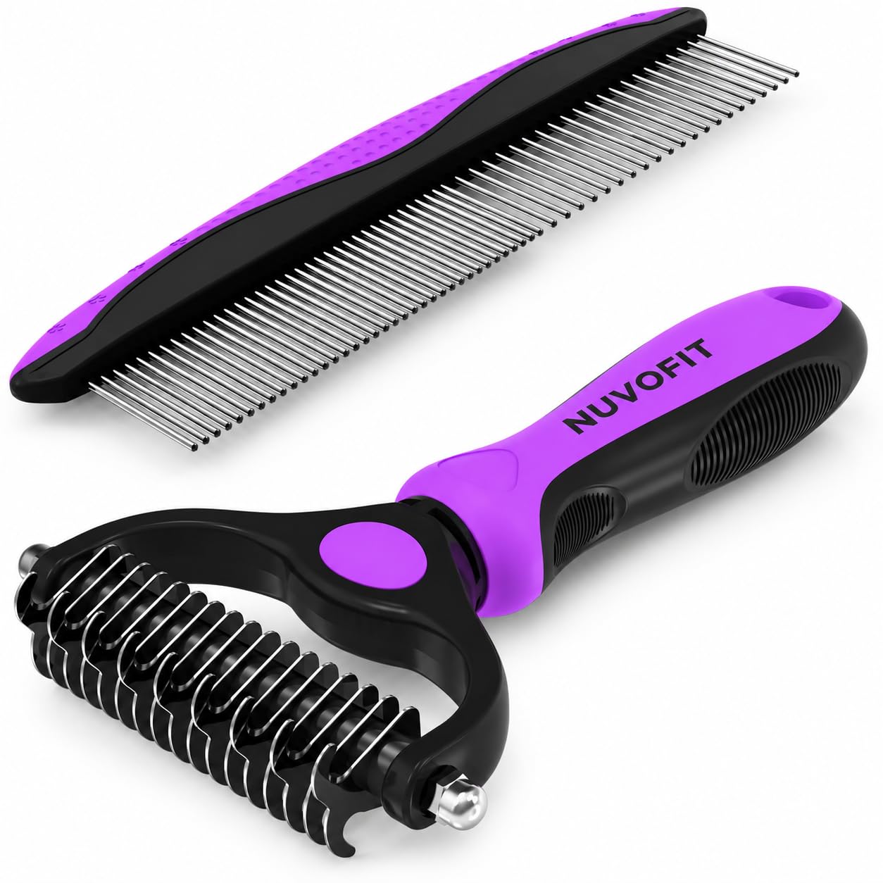 2-in-1 Dog & Cat Grooming Brush and Comb, Stainless Steel Deshedding Rake, Detangling Tool for Removing Loose Fur, Mats & Tangles Purple
