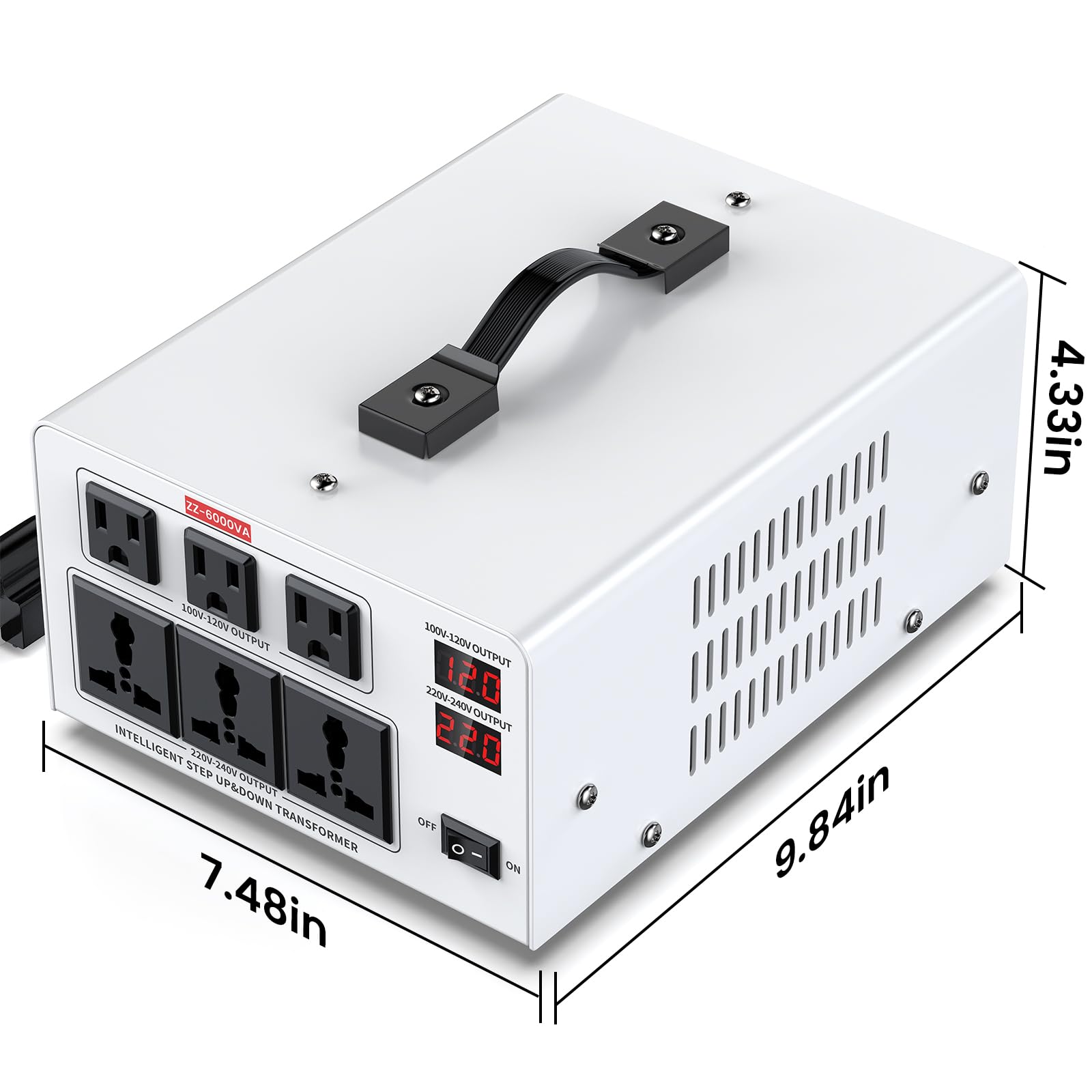 Trasformatore convertitore di tensione resistente da 6000 W - Step Up da 110 V a 220 V e Step Down da 220 V a 110 V, riconoscimento automatico dell'ingresso, 3 prese americane e 3 universali, display