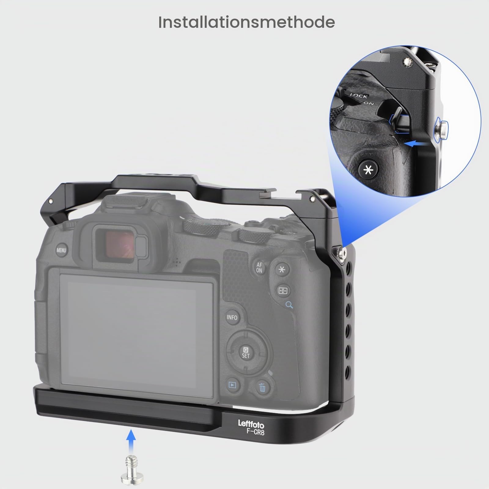 LEFTFOTO Kamerakäfig für Canon EOS R8 mit Arca-Schulterstütze, Kaltschuh, Gurtschlitz, 0,6 cm Schraubenlöcher, Kompatibilität mit DJI RS Stabilisator, für Vlog-Videoaufnahmen