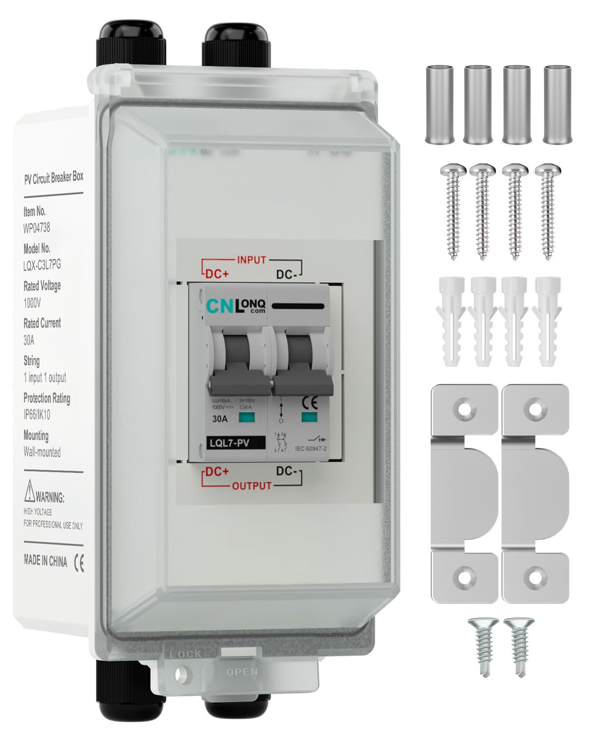 CNLONQ DC Trennschalter PV Anlage 32A 1000V Sicherungsautomat 2polig IP66 Wasserdicht mit PG Stecker und Metallhaken für Solarmodule, Einspeisesteckdose und Balkonkraftwerk
